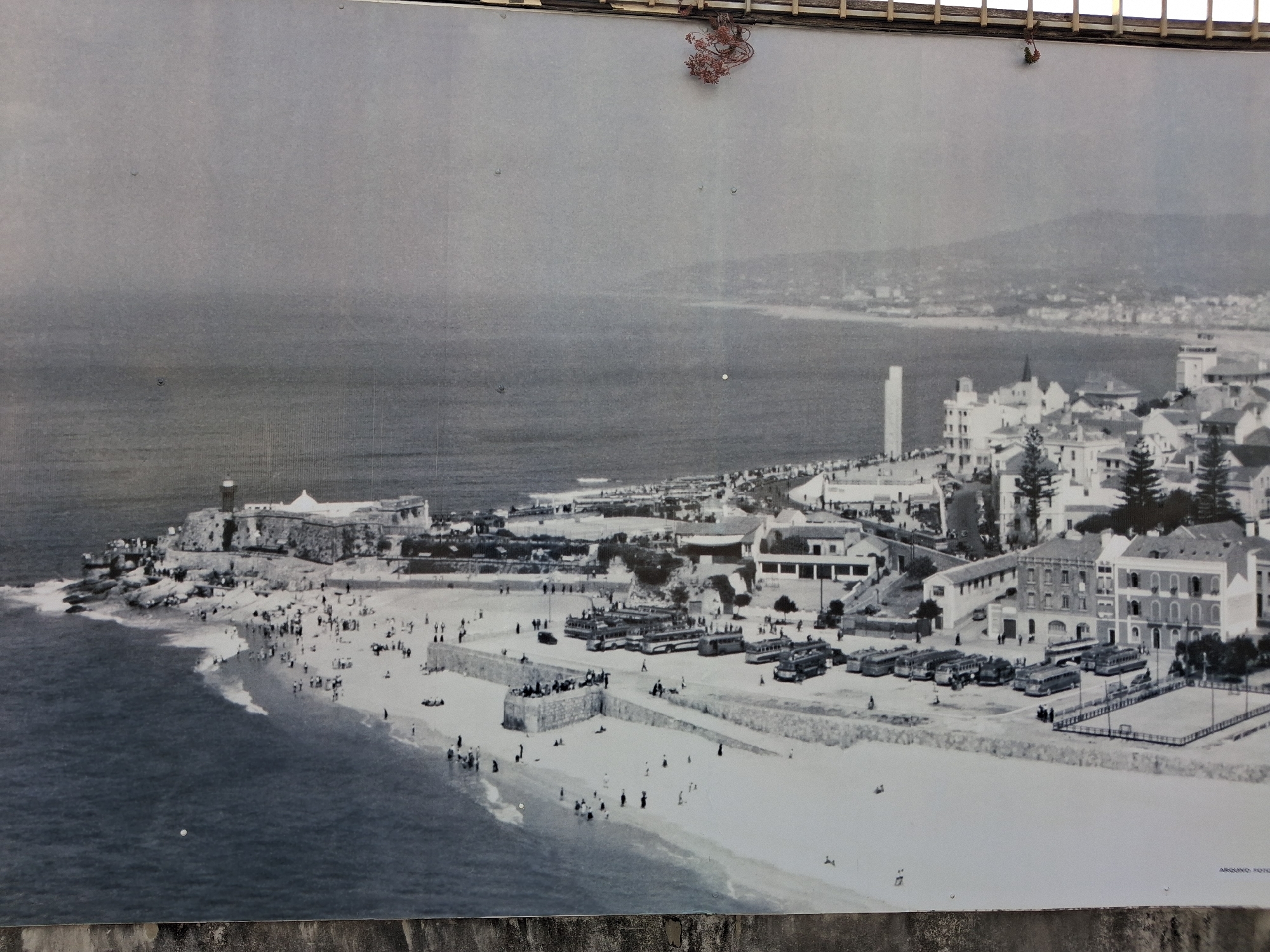 The image is a black-and-white aerial photograph of Figueira da Foz, Portugal, likely taken in the mid-20th century. A sandy beach is filled with many people. The shoreline has a low stone wall extending into the ocean, and people are gathered on top of it. Behind the beach, several buses are parked. Further back, there are buildings of different heights and architectural styles. In the background, there is a coastline that stretches into the distance with a visible mountain range. On a rocky promontory there is a fort with a lighthouse. The sky is overcast, and the sea is relatively calm.
