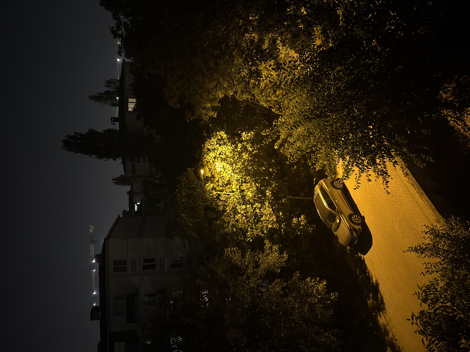 At night in the Gungoren district of Istanbul, Turkey, a silver SUV is parked on a brick-paved street illuminated by a streetlamp. Trees surround the street, with some branches casting shadows on the ground. In the background, apartment buildings are visible, and construction cranes are present in the distance against the dark sky.