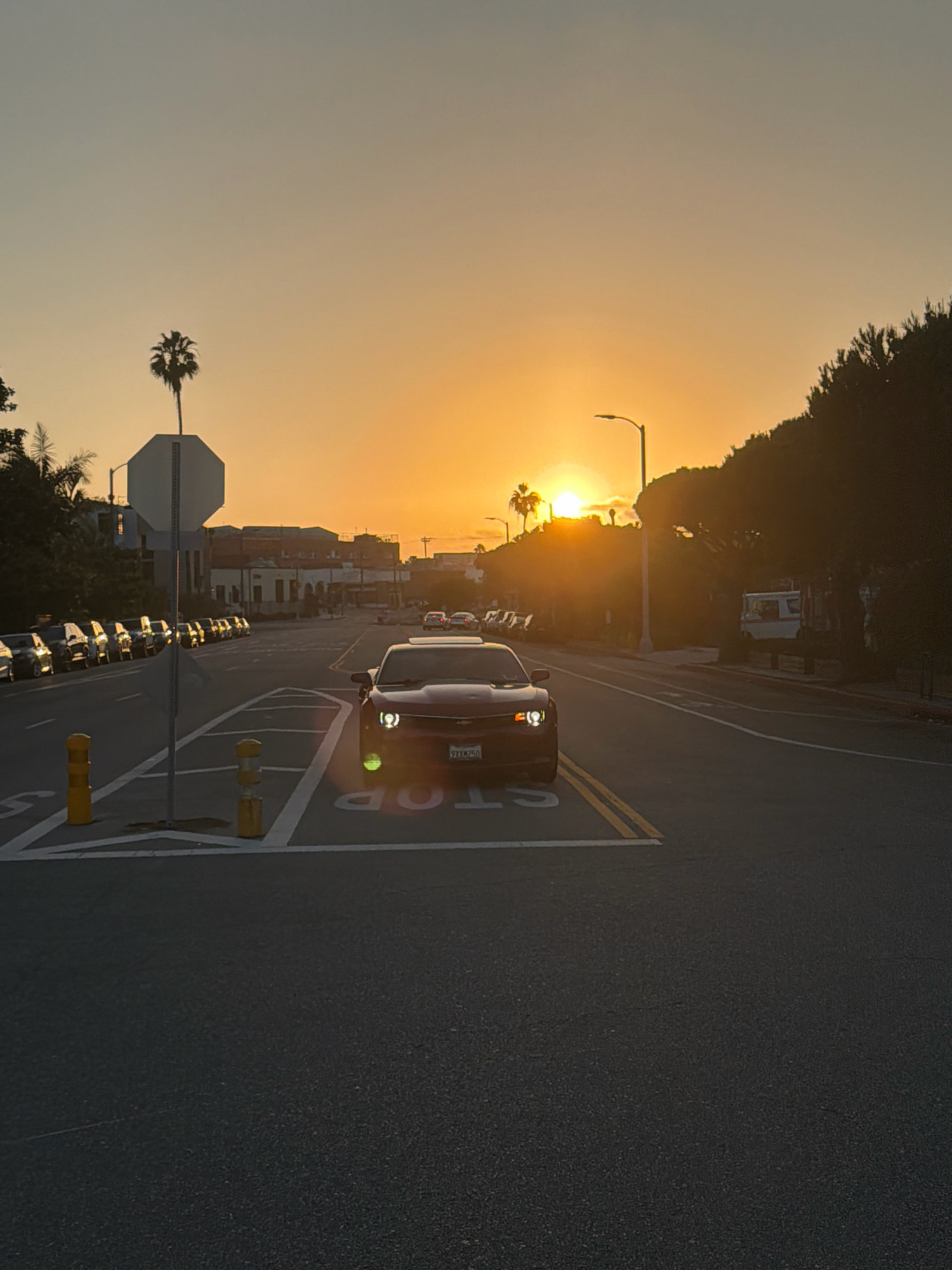 A low-angle, vertical, medium shot shows a dark red Chevrolet Camaro, license plate "9YXK250," driving down a street during sunset. The car's headlights are on, illuminating the road. In the foreground, white lines mark a "STOP" sign on the asphalt. To the left, a line of parked cars is visible, followed by a stop sign and a palm tree. In the background, buildings line the street, and a street lamp stands on the right. The sun is low on the horizon, casting an orange glow across the sky and creating lens flares in the image. The scene appears to be in Los Angeles, USA, based on the presence of palm trees, architecture, and vehicle type.