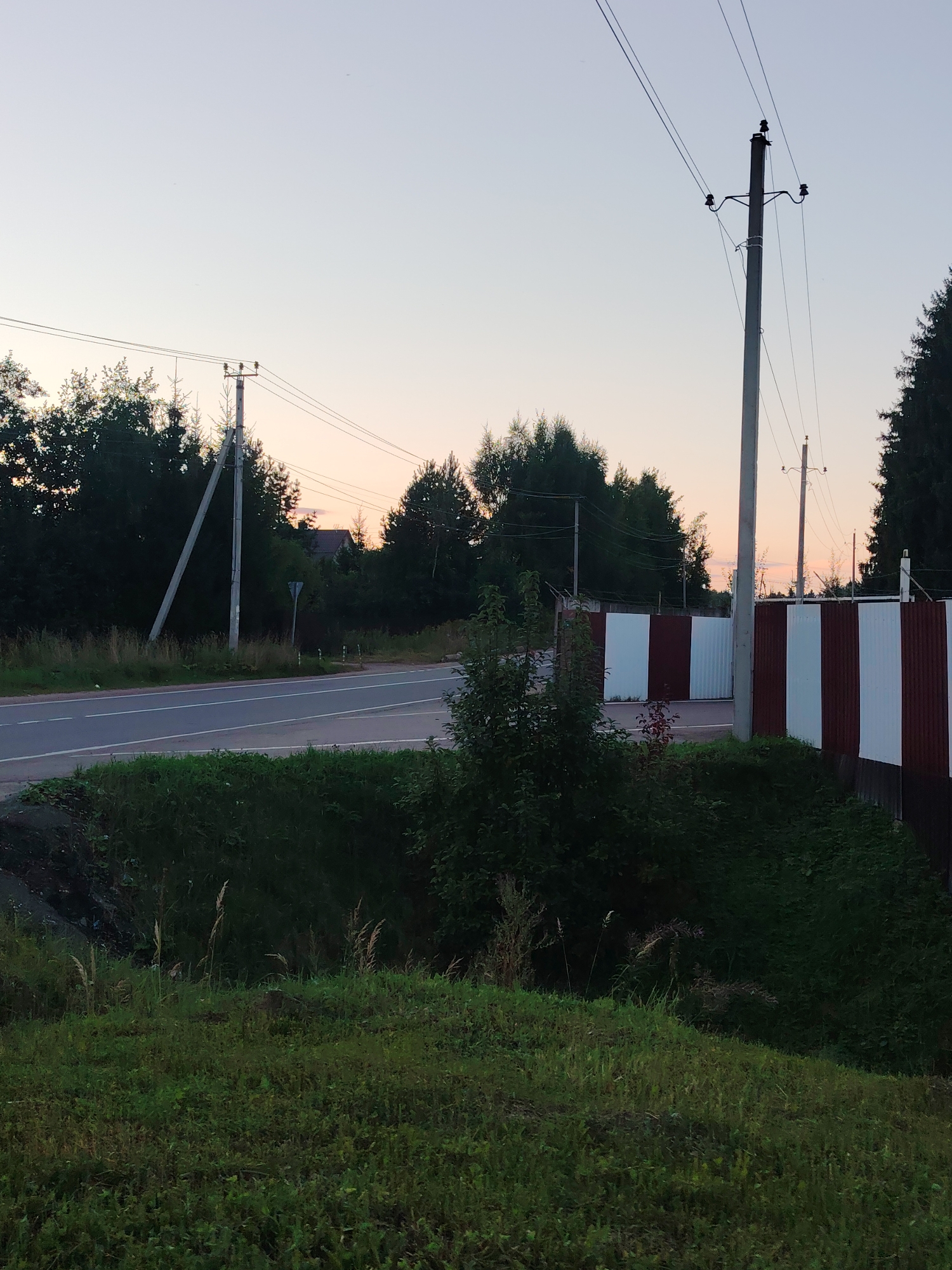 The image depicts a roadside scene in the city of Lyubava SNT, Russia, during twilight. A paved road with white lane markings runs horizontally across the midground. To the left of the road, a grassy embankment slopes upwards, covered in various types of vegetation including tall grasses and smaller bushes. Further left, a dense line of dark green trees forms a backdrop, with one tall electrical pole supporting wires visible amidst them. On the right side of the road, a partially obscured red and white striped fence runs parallel to the road. Behind the fence, more trees are visible, and a more distant electrical pole can be seen. The sky above is a pale gradient of blue and pink, indicating the setting sun. There are no people or animals visible in the image. The environment appears to be rural or suburban, with a mix of natural vegetation and man-made infrastructure.