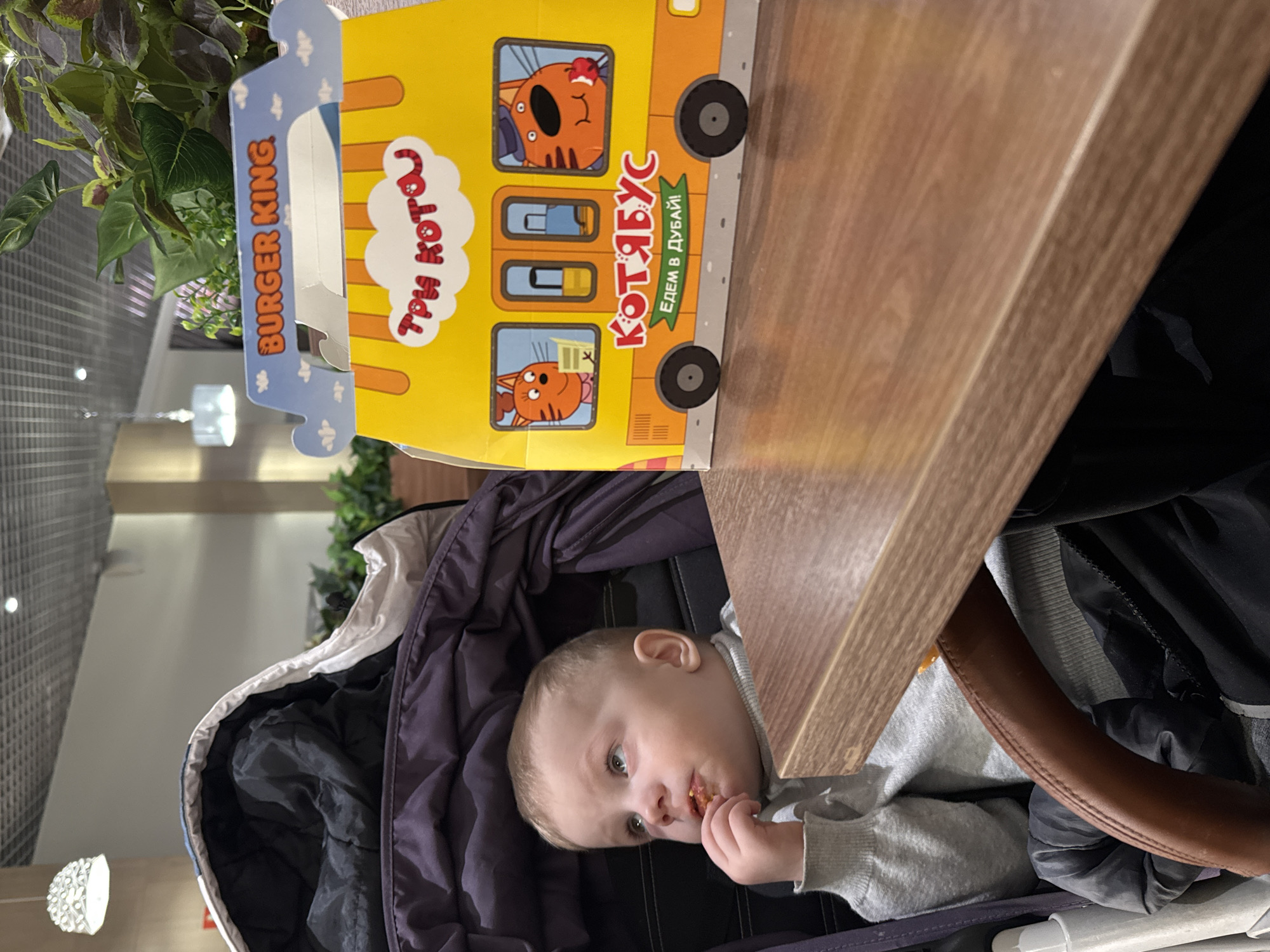 A medium, eye-level shot shows a baby sitting in a stroller at a Burger King in Saint Petersburg, Russia. The baby, dressed in gray, is eating with their left hand. A Burger King kids meal box, depicting characters from the Russian animated series "Three Cats" (Три кота), sits atop the stroller. The box advertises "Котобус Едем в Дубай!" or "Cat Bus. Let's go to Dubai!" A light brown wooden table is partially visible. In the background, indoor plants and a tiled wall are seen.