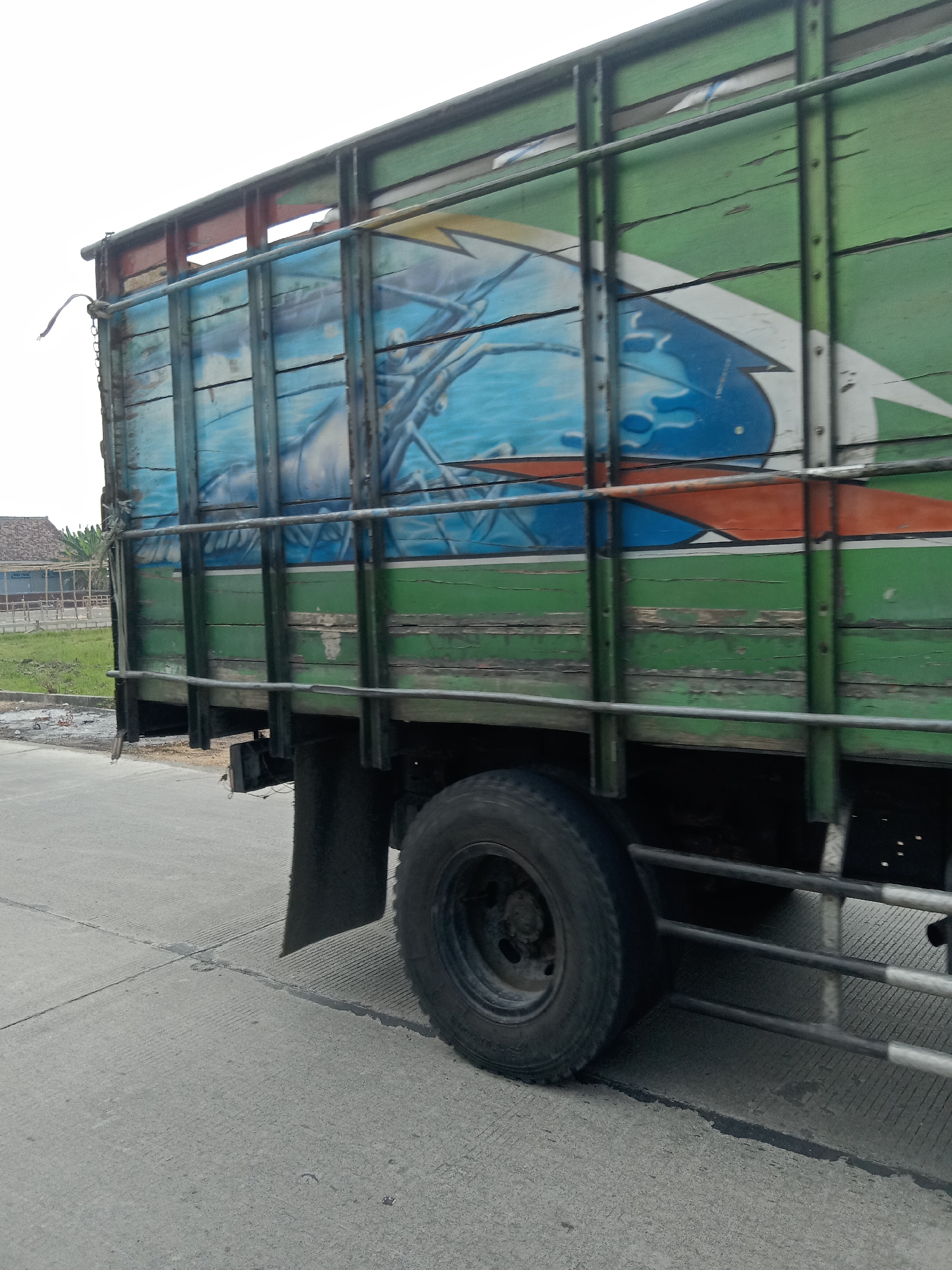 An eye-level, slightly low-angle, full shot captures the side of a moving green truck with a painted mural on its wooden cargo bed. The mural depicts a blue wave with white highlights and an orange and white curved design, set against a light background. The truck's wooden slats are weathered and cracked, with metal framing and horizontal bars along the side. A single black tire is visible at the bottom right, partially obscuring the concrete road and a dark mud flap behind it. The background shows a rural landscape with a building with a tiled roof and a few trees. The scene is likely located in the city of Sidobandung, Indonesia, given the characteristic architecture and vegetation. The sky is overcast and white, suggesting a cloudy day.
