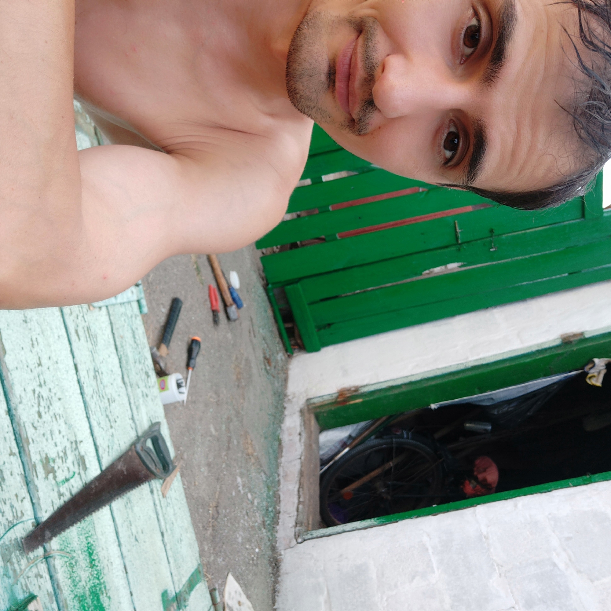 The image shows a close-up, selfie-style shot of a man's torso and face, taken from a slightly upward angle. He appears to be outdoors, with a green, weathered wooden fence or structure behind him, partially obscured by his arm. The man has short, dark hair that appears wet, and stubble on his chin and upper lip. His eyes are brown, and his expression is neutral.
In the background, several tools are visible on a light-colored, distressed wooden surface: a handsaw, a hammer with a red handle, a blue-handled tool, and a screwdriver with an orange tip. There's also a white bottle with a label. Beyond this, the green fence dominates the background. To the right of the frame, there's an opening with a white-painted frame, through which a bicycle wheel and other dark objects are visible. The overall setting suggests an outdoor workshop or backyard area. The lighting indicates it is daytime, with no clear indication of weather conditions. The man's wet hair might suggest he has recently been in water or it is humid. There is no visible text in the image.