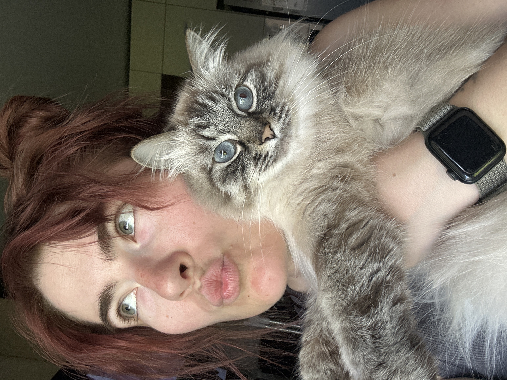 A woman with auburn hair pulled into a bun is holding a fluffy, grey-and-white cat with blue eyes. The woman is pouting her lips towards the camera. The cat is resting on her arm, close to her face. The woman is wearing a grey knitted sweater and a black smartwatch. The location is not discernible.