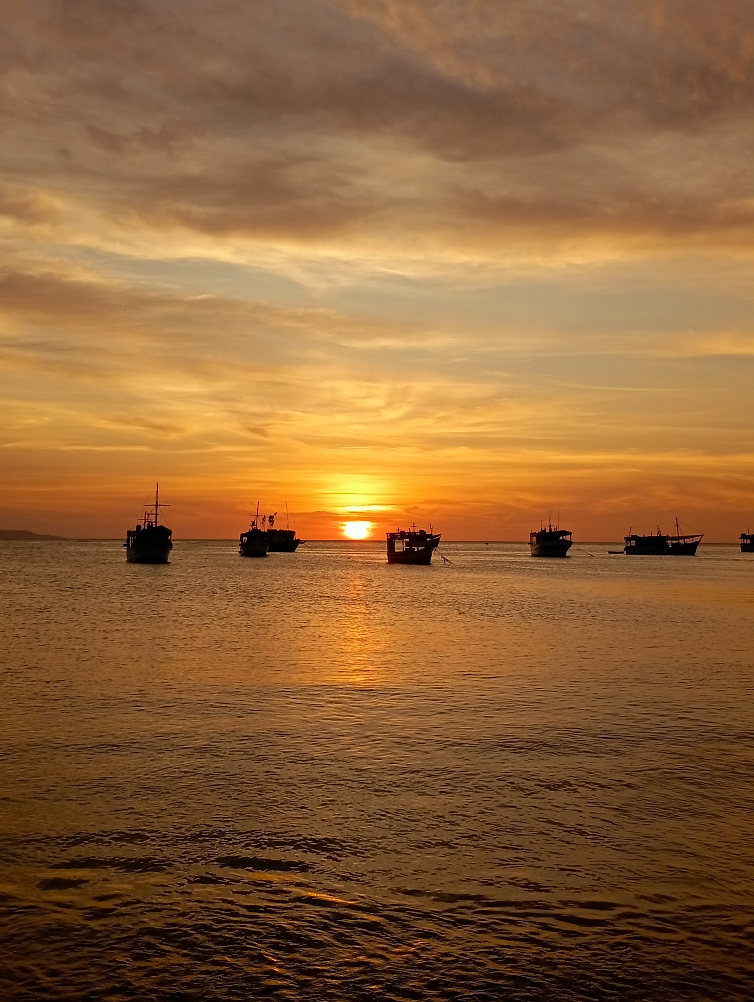 This photograph captures a serene sunset scene over the ocean in Juan Griego, Venezuela. The dominant feature is the vibrant sky, painted with an array of warm hues ranging from deep orange and fiery red directly around the setting sun, to softer yellows and light blues at the edges, all blended with scattered, elongated clouds. The sun itself is a brilliant, intense orb positioned centrally on the horizon, casting a strong golden path of light across the water.
Silhouetted against this dramatic backdrop are five boats, spread horizontally across the mid-ground of the image. These vessels appear to be fishing boats or small cargo ships, their forms rendered in dark silhouettes with visible masts and superstructures due to the strong backlighting from the setting sun. They are either anchored or slowly drifting on the calm water.
The ocean surface is a rich, warm brown-orange, reflecting the colors of the sky and the golden glow of the sun. Gentle ripples and small waves create a textured surface, particularly in the foreground where the water darkens. A faint outline of land or a distant shore is barely visible on the far left horizon. The overall atmosphere is peaceful and dramatic, characteristic of a tropical sunset. No people or visible text are present in the image.