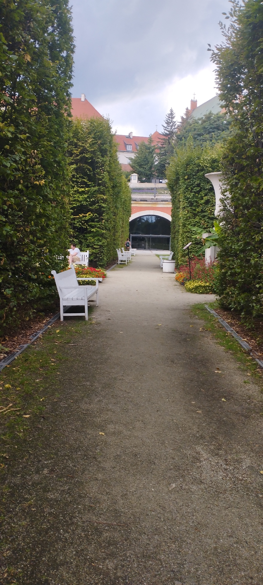 The image depicts an outdoor path within a park-like setting, likely at Łazienki Park in Warsaw, Poland. The path is made of light-colored gravel and is flanked by tall, meticulously trimmed green hedges. Several white benches are strategically placed along the path, with one in the foreground and others further down. One bench in the middle ground is occupied by a person wearing a light-colored shirt and sitting with their legs crossed. In the distance, an arched structure with glass doors is visible, suggesting an entrance to a building or exhibition space. The background reveals a building with a red-tiled roof and architectural elements, partially obscured by trees. The sky is overcast, indicating a cloudy day. The overall scene conveys a sense of tranquility and orderly landscaping, characteristic of a formal garden.