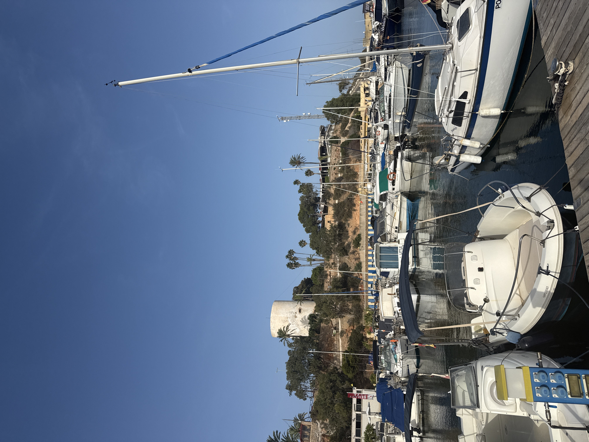 The image depicts a marina on a clear, sunny day. A collection of various boats, including sailboats and smaller motorboats, are moored in the water. The foreground features a wooden pier and several boats docked alongside it. In the background, a circular, white tower stands on a hillside covered with trees and palm trees. A modern communication tower is also visible on the hill. The sky is a vibrant blue with no clouds. The overall scene conveys a sense of tranquility and a typical day at a seaside location.