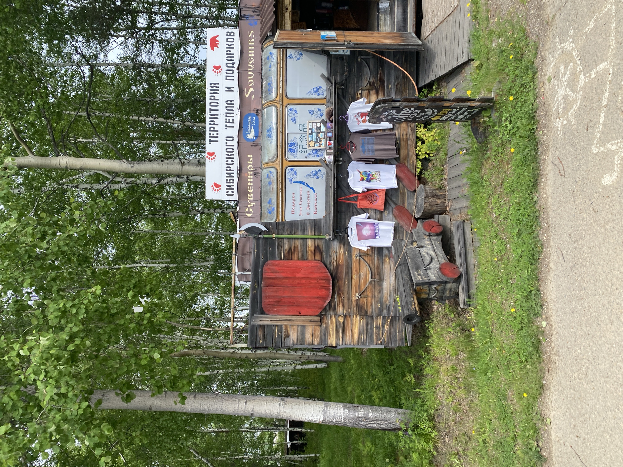 The image depicts an outdoor souvenir stall in Tal'tsy, Russia, nestled amongst birch trees. The stall itself is constructed from weathered wood, resembling a rustic structure with a slightly slanted roof. A large red shield-shaped decoration is affixed to the left side of the stall. In front of the stall, several t-shirts and a tote bag are displayed on hangers. To the left of the t-shirts, there is a wooden object resembling an old cannon, adorned with red accents. A signpost stands in front of the stall, displaying information in Cyrillic script, including the word "coffee". The ground is covered in grass, with scattered yellow wildflowers, and a paved road runs in the foreground. The overall impression is a quaint, forested roadside attraction offering local crafts and refreshments.