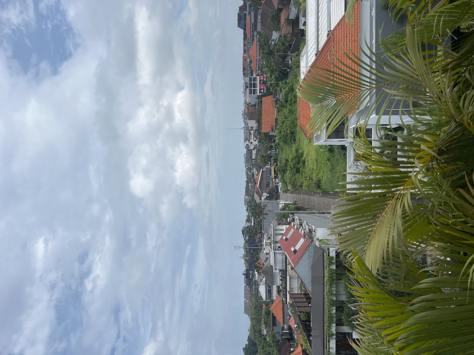 This image presents an elevated, panoramic view of a tropical urban landscape under a cloudy sky. The scene is rich with a mix of buildings and lush greenery, typical of a developing coastal or jungle-adjacent area.
In the foreground on the right, large, vibrant green palm fronds partially frame the shot, adding a tropical touch. Immediately behind these fronds, a building with a prominent red-tiled roof and white and grey walls is visible, showcasing modern design elements. Many other buildings, ranging from multi-story structures to smaller houses, populate the mid-ground and background. Their roofs are a mix of traditional red or terracotta tiles and contemporary flat white or grey designs.
Dense green vegetation, including trees, bushes, and possibly undeveloped plots, is abundant throughout the landscape, interspersing the buildings and creating a verdant environment. A narrow road or path can be seen winding through the urban fabric in the mid-distance.
Several commercial signs are visible on buildings in the middle distance. One white building clearly displays what appears to be a black leaping cat logo (resembling the Puma brand) next to another sign that reads "ATRA Luxury," with additional smaller text below it, possibly "Living" or "Resort." A tall, slender antenna or mast pierces the sky on the distant horizon.
The sky is largely overcast with soft, diffused lighting, indicating it is daytime. There are no people visible, and no specific activity is taking place, presenting a peaceful, static snapshot. The architecture, tropical foliage, and overall atmosphere are consistent with a location such as North Kuta, Indonesia.