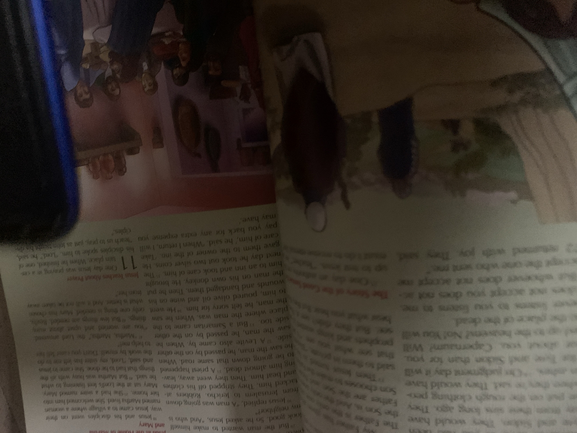 The image displays a page from a book with text and illustrations. One illustration depicts a religious scene with several figures gathered around a table. The text mentions Jesus, Mary, Martha, and the city of Jericho. The image does not contain any information about Jauro Yinu, Nigeria.