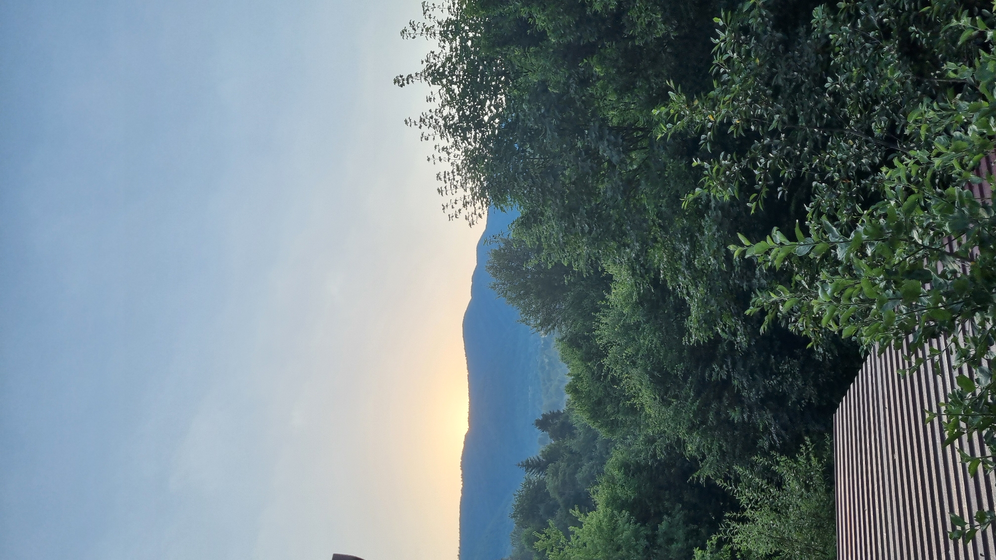 The image depicts a serene natural landscape at dusk, likely in Vyshka, Ukraine. The sky transitions from a pale blue at the top to a soft yellow-orange glow near the horizon, indicating the setting sun. This warm light illuminates the silhouette of rolling mountains in the distance.
In the foreground, a dense forest dominates the scene, with a variety of green trees creating a lush, textured canopy. The foliage appears healthy and full. To the left, a portion of a sloped surface with a striped pattern, resembling a roof or deck, is visible. The pattern consists of parallel, evenly spaced lines in shades of brown and grey.
No people are present in the image, and no actions or interactions are depicted. The environment is characterized by its natural beauty and tranquility, with a clear focus on the interplay of light and shadow on the landscape.