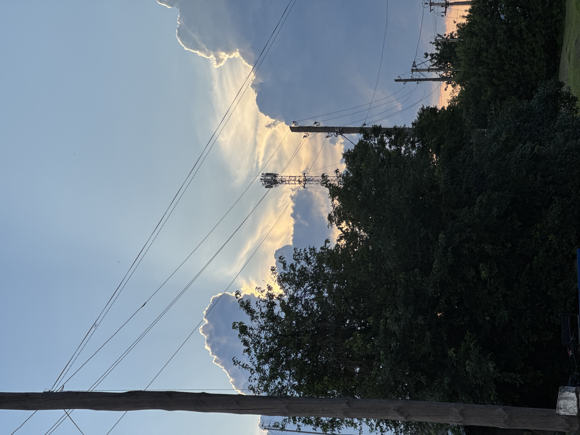 In the city of Bigila, Russia, a photograph captures a late afternoon sky illuminated by the setting sun. Several power lines stretch across the frame, supported by wooden poles. A large, dark green tree dominates the foreground, with its leaves obscuring a portion of the sky. In the mid-ground, a cellular tower stands tall. The sky is filled with dramatic clouds, some backlit by the sun, creating a luminous effect. The overall scene is one of rural infrastructure against a beautiful, natural sky.
