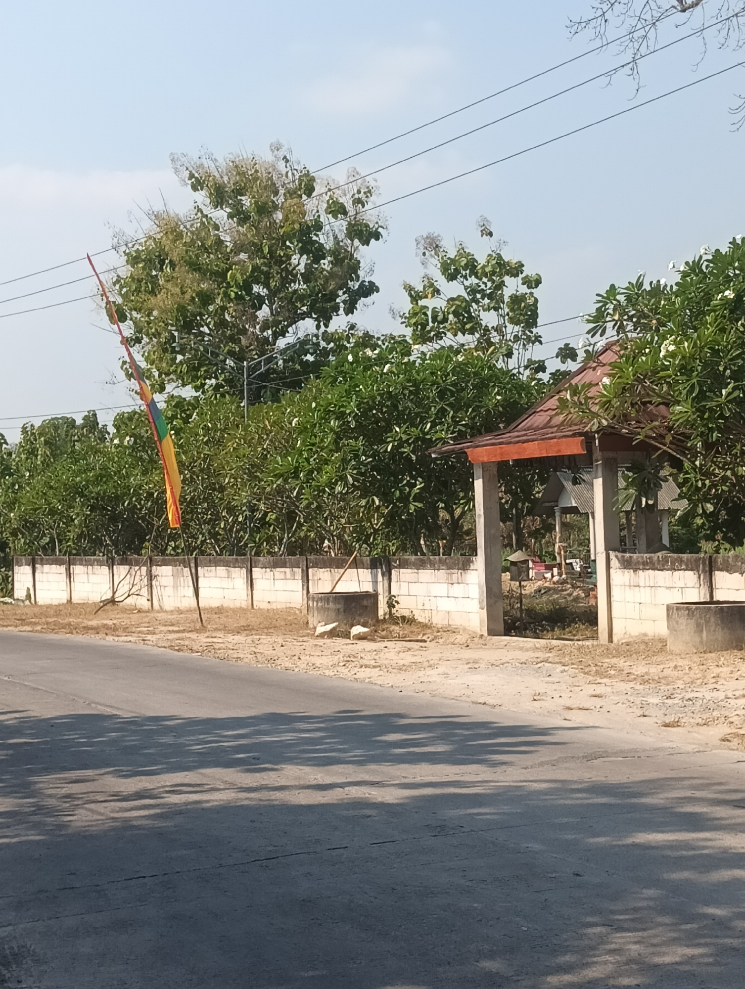 The image depicts a scene on a street in Tanggan, Indonesia. A paved road with tire marks occupies the foreground, with tree shadows cast upon it. In the mid-ground, a low, white concrete wall runs horizontally across the frame, separating the road from a sandy area. Beyond the wall, there is a small, open-air structure with a reddish-brown, sloped roof supported by concrete pillars. The structure appears to be an entrance or pavilion. A tall, thin flagpole with a colorful flag (red, yellow, green, and blue) stands to the left of the structure. Dense green foliage from trees and bushes lines the area behind the wall and surrounds the structure. The sky above is a clear, pale blue. In the sandy area near the wall, two white birds, possibly chickens, are visible. Power lines stretch across the top of the frame, supported by poles that are not entirely visible. The overall impression is a rural or semi-rural setting.