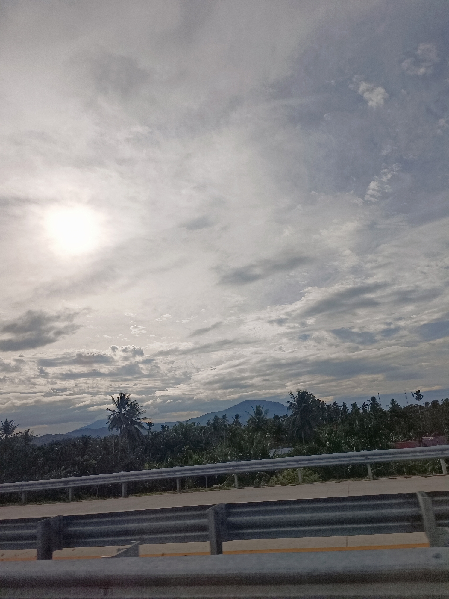 The image shows a cloudy sky with the sun peeking through on the left side. In the midground, a lush green landscape with numerous palm trees and other foliage stretches across the scene, leading to a mountain range in the background. A road with guardrails is in the foreground, suggesting the photo was taken from a vehicle. The overall impression is of a tropical environment. The scene is devoid of any people.