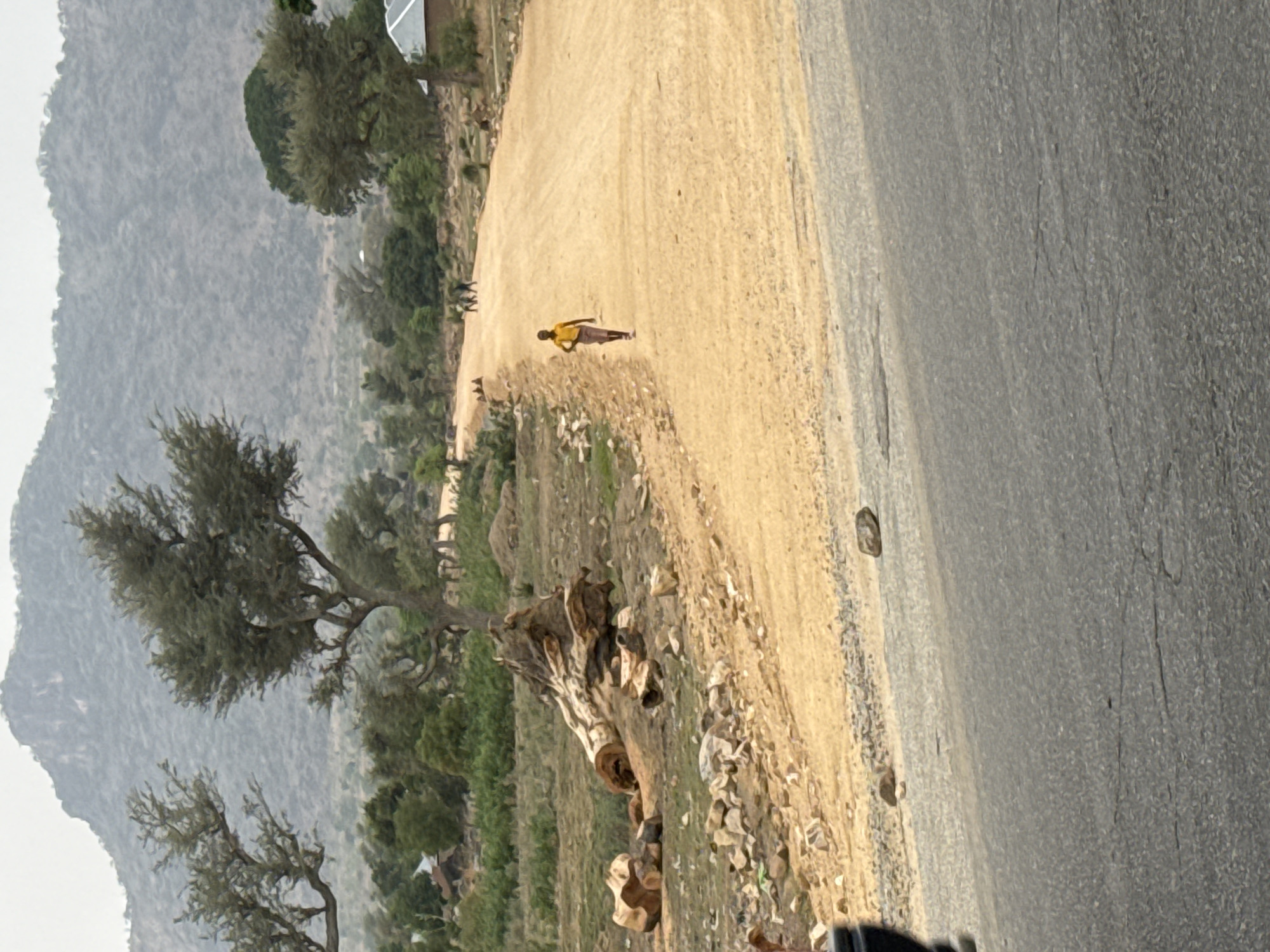 The image depicts an outdoor scene, likely in a rural area. A man is walking on a dirt path or road. To the right of the dirt road is a paved road. The background includes a mountainous landscape with trees. The foreground contains vegetation, rocks, and the roots of a fallen tree. The image appears to be taken in a village outside the city of Dawaki in Nigeria.