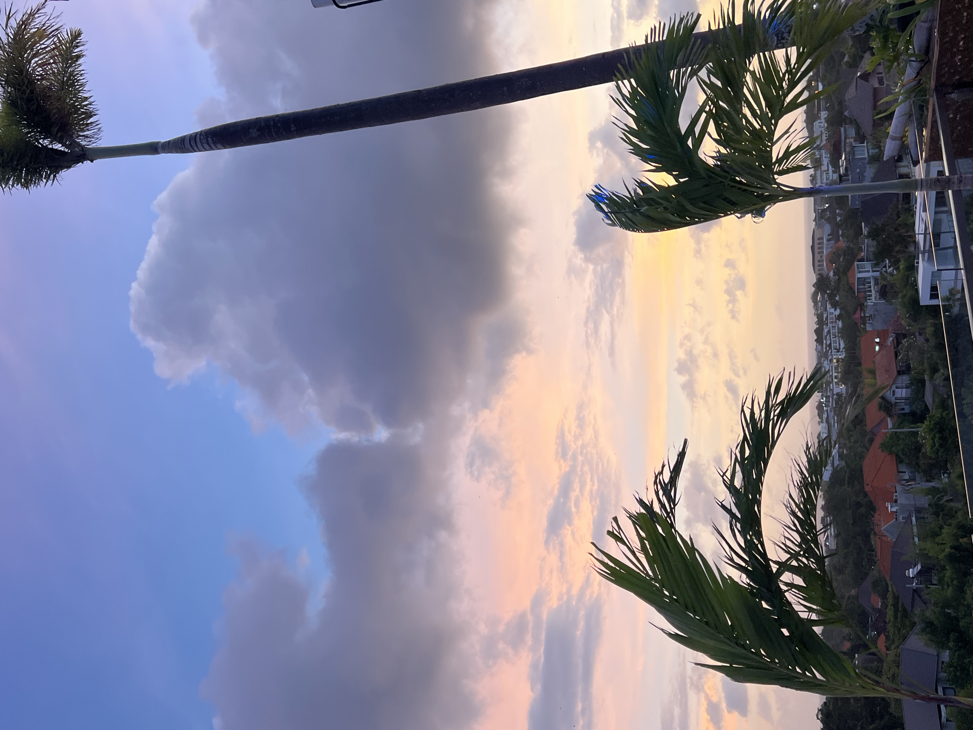 Captured from a rooftop, the image showcases the city of North Kuta, Indonesia, against a colorful sky. Two palm trees, one tall and slender and the other shorter with more developed fronds, are positioned on either side of the frame. In the backdrop, the architecture of North Kuta unfolds, revealing buildings with varied roof colors surrounded by green vegetation. The sky is streaked with colors transitioning from blue to orange, with clouds adding depth to the sunset or sunrise ambience. The shot appears to have been taken at an angle, enhancing the view of the cityscape and sky.