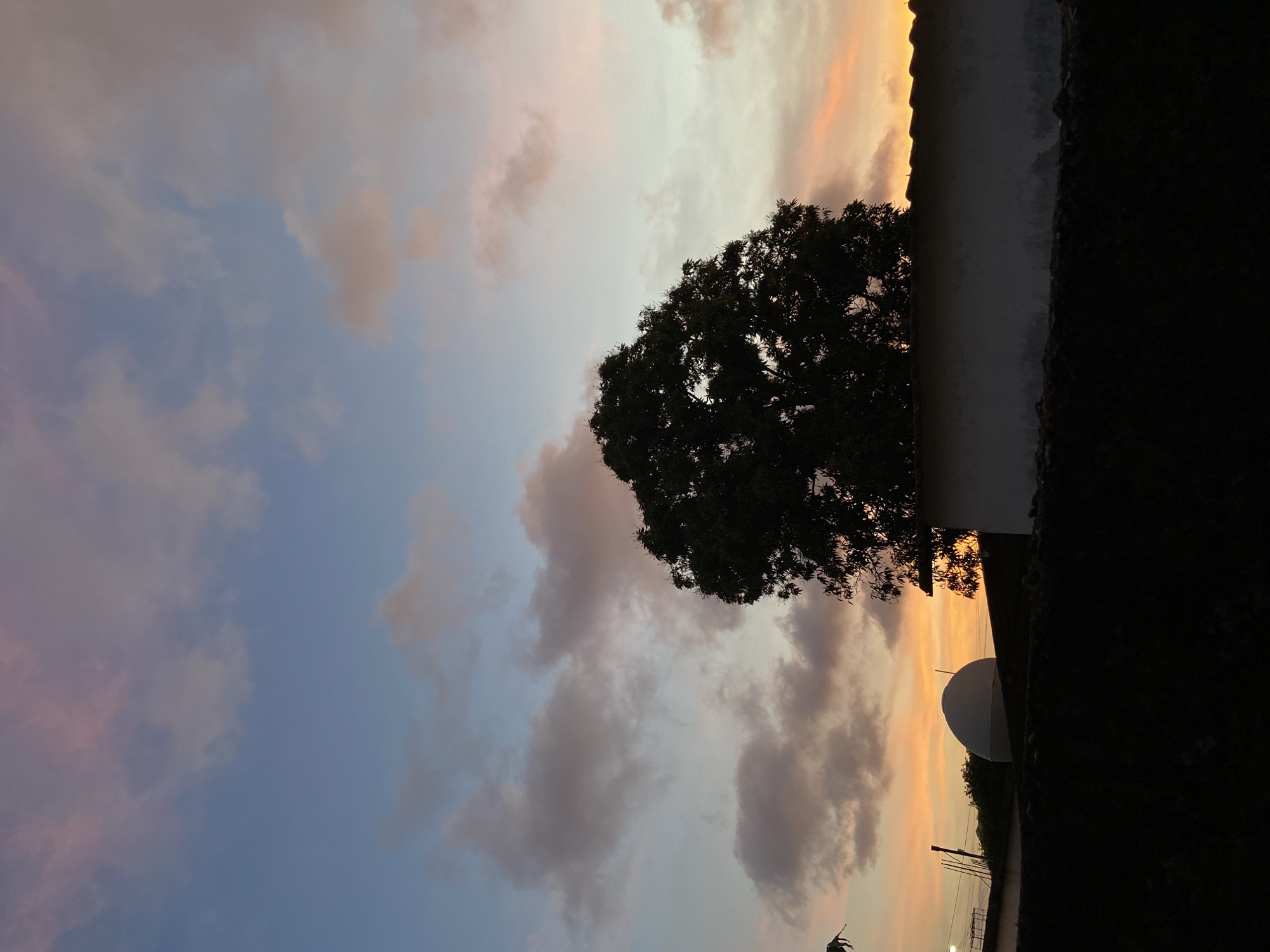 The image is an outdoor shot taken at dusk or dawn. The sky is filled with clouds tinted with colors ranging from pale blue to pink and orange. A silhouette of a large tree is visible in the center of the frame, with the sun setting (or rising) behind it. Adjacent to the tree, on the right side of the image, is a dark building or structure. A white satellite dish can be seen along with a light post in the lower area. The location is Juan Griego, Venezuela.