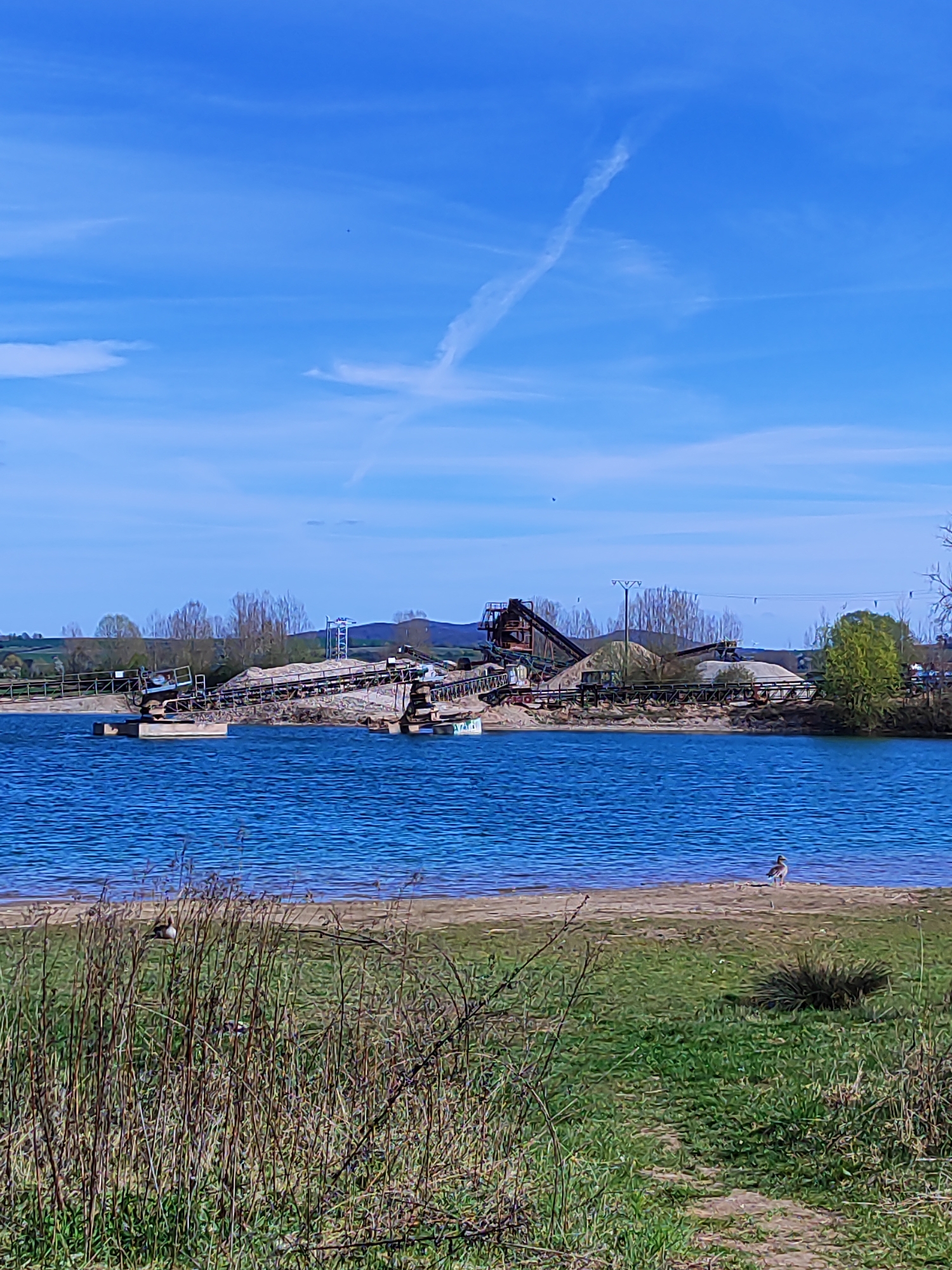 A landscape photograph depicts a body of water with industrial machinery present. The sky is blue with sparse clouds. In the middle ground, the industrial site sits on the edge of the water. The machinery appears to consist of conveyer belts and structures likely used for processing materials, alongside mounds of gravel or sand. The foreground consists of grassy vegetation and a sandy shore. There are two birds visible on the shore. One bird is standing on the shoreline while another is in the grassy vegetation.