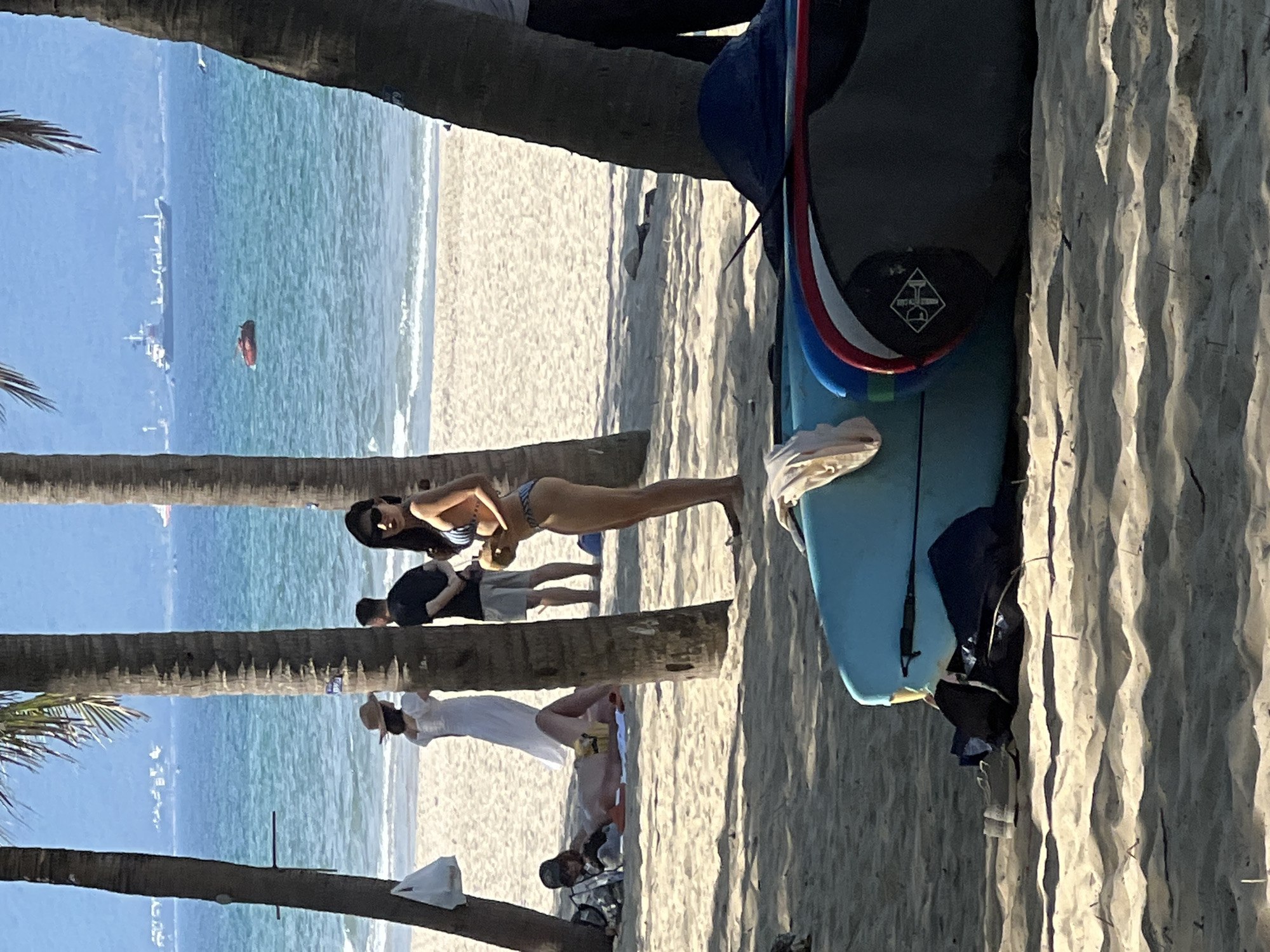 This image depicts a sunny beach scene in Da Nang, Vietnam, with several people visible. In the foreground, two paddleboards are resting on the sand, one blue and the other dark with a white logo. Behind them, a woman in a bikini stands holding a coconut, looking towards the camera. To her left, a man in a black t-shirt and shorts stands near a woman in a white dress and a straw hat. Further left, a person is lying on the sand, wearing a baseball cap and sunglasses, with a backpack nearby. The background shows the turquoise ocean with a cargo ship and a small red buoy in the distance. Palm trees frame the scene, casting shadows on the sandy beach.