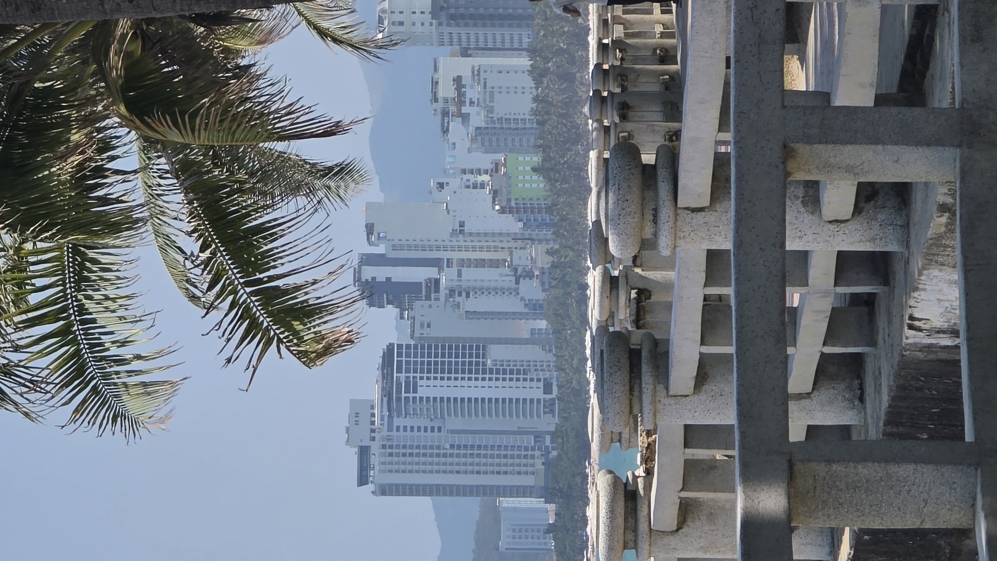 The image depicts a waterfront scene in Nha Trang, Vietnam, partially obscured by the fronds of a palm tree in the upper left corner. The skyline is dominated by numerous high-rise buildings. A gray concrete structure with repetitive, cylindrical post elements runs along the right edge of the frame, likely a part of a balustrade or waterfront barrier. The sky is clear and blue, and the overall daylight suggests it is daytime. No people are visible in the image.