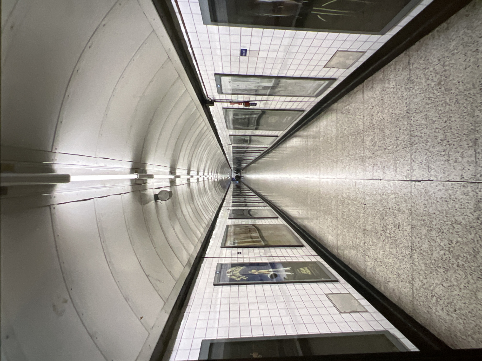 The image depicts a long, tiled subway tunnel with a high, arched ceiling. The walls are lined with white tiles and framed posters, while the floor is a mosaic of grey and white tiles. Fluorescent lights run along the ceiling, illuminating the tunnel. The perspective creates a strong sense of depth, drawing the viewer's eye towards a distant point where a few figures can be seen. The scene is clean and well-maintained, suggesting a functioning public transportation system.
The description states the image is of a subway tunnel in Verona, Italy. However, the visual elements present, such as the tiled walls, arched ceiling, poster frames, and general architectural style, are characteristic of many underground transportation systems worldwide. Without any specific Veronese landmarks or distinct architectural features visible, it is impossible to definitively confirm or deny the location as Verona solely based on the visual information provided in the image. The scene is a generic representation of a subway tunnel.