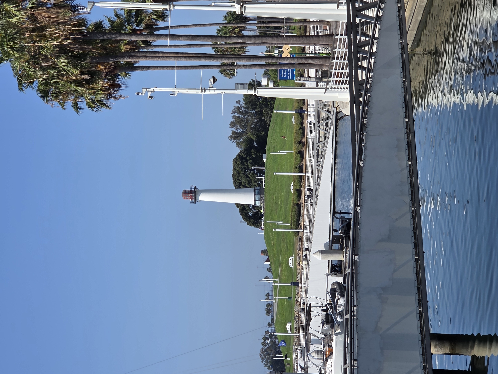 This image depicts a view of the Lions Lighthouse in Long Beach, California, USA. The lighthouse, a white cylindrical tower with a red lantern room, stands atop a green, grassy hill. The hill is dotted with white light poles and several benches. In the foreground, a marina is visible with several docked boats, including a white yacht with an inflatable dinghy. A white pedestrian bridge spans across the water, connecting to the marina area. Palm trees line the right side of the image, towering over the marina infrastructure. The sky is a clear, bright blue. A person is visible running on the hill in the midground, and another person appears to be walking near the lighthouse. The overall scene is tranquil and depicts a typical day at the waterfront.