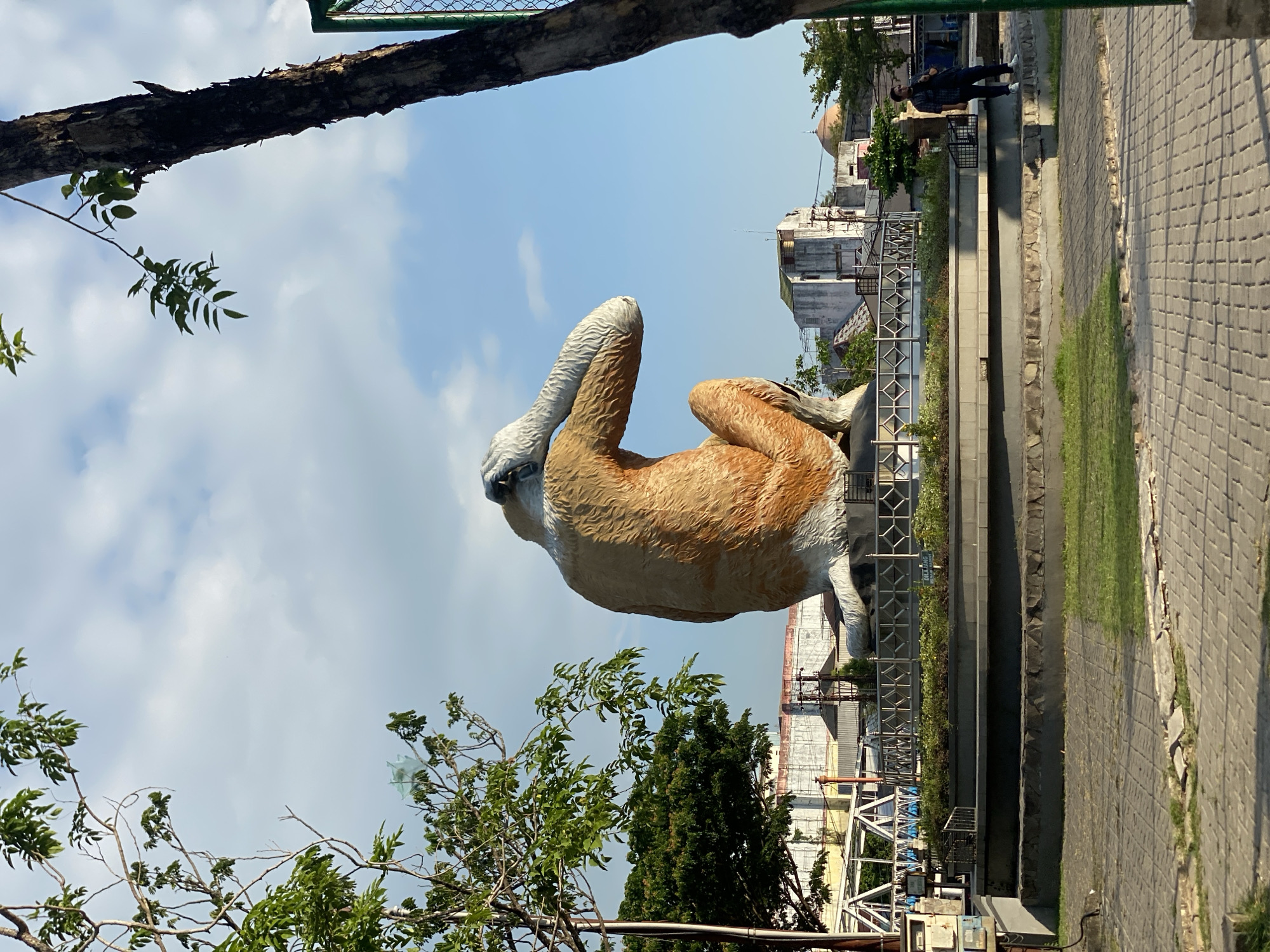 The image shows a large statue of a monkey sitting with its back to the camera, in a park in Banjarmasin, Indonesia. The statue is made of a material that appears to be painted to resemble fur, with orange and white coloring. The monkey is in a seated position, with one hand touching its head. The statue is on a raised circular platform with a decorative metal fence around it. The park area in front of the statue has paved walkways and grassy areas. In the background, there are several buildings, including what appears to be a mosque with a dome. A single man, wearing a plaid shirt and dark pants, stands to the right of the statue, facing away from the camera. Trees are visible in the foreground and background, and the sky is partly cloudy. The overall lighting suggests it is daytime, possibly late afternoon due to the angle of the shadows. This statue is commonly known as the "Monkey Statue" and is a landmark in the city of Banjarmasin.