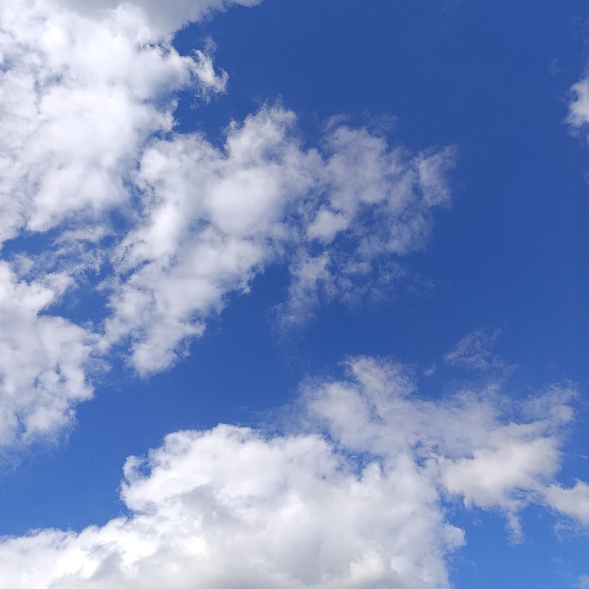 The image displays a clear and expansive view of a bright blue sky with scattered clouds, set over Dubovaya, Russia. The sky occupies the majority of the frame, showcasing a rich, deep blue hue that suggests a sunny daytime setting.
Numerous clouds are present, varying in shape, size, and density. Most prominent are white, fluffy cumulus clouds, illuminated brightly by direct sunlight, indicating a fair weather condition. These clouds are distributed across the sky, with larger concentrations along the left and bottom edges of the image, and some smaller, more dispersed formations in other areas. Some cloud patches exhibit lighter grey tones, hinting at greater depth or shadowing within their structure, particularly in the upper left corner and towards the bottom. Significant areas of uninterrupted blue sky are visible, especially in the upper right quadrant and center, providing clear patches between the cloud formations.
There are no people, animals, or man-made objects visible within the frame. No specific activity or event is taking place, as the image focuses solely on the natural elements of the sky and clouds. The lighting suggests it is daytime, likely mid-morning or afternoon. No text is visible in the photograph. The overall scene conveys a sense of openness and natural beauty.