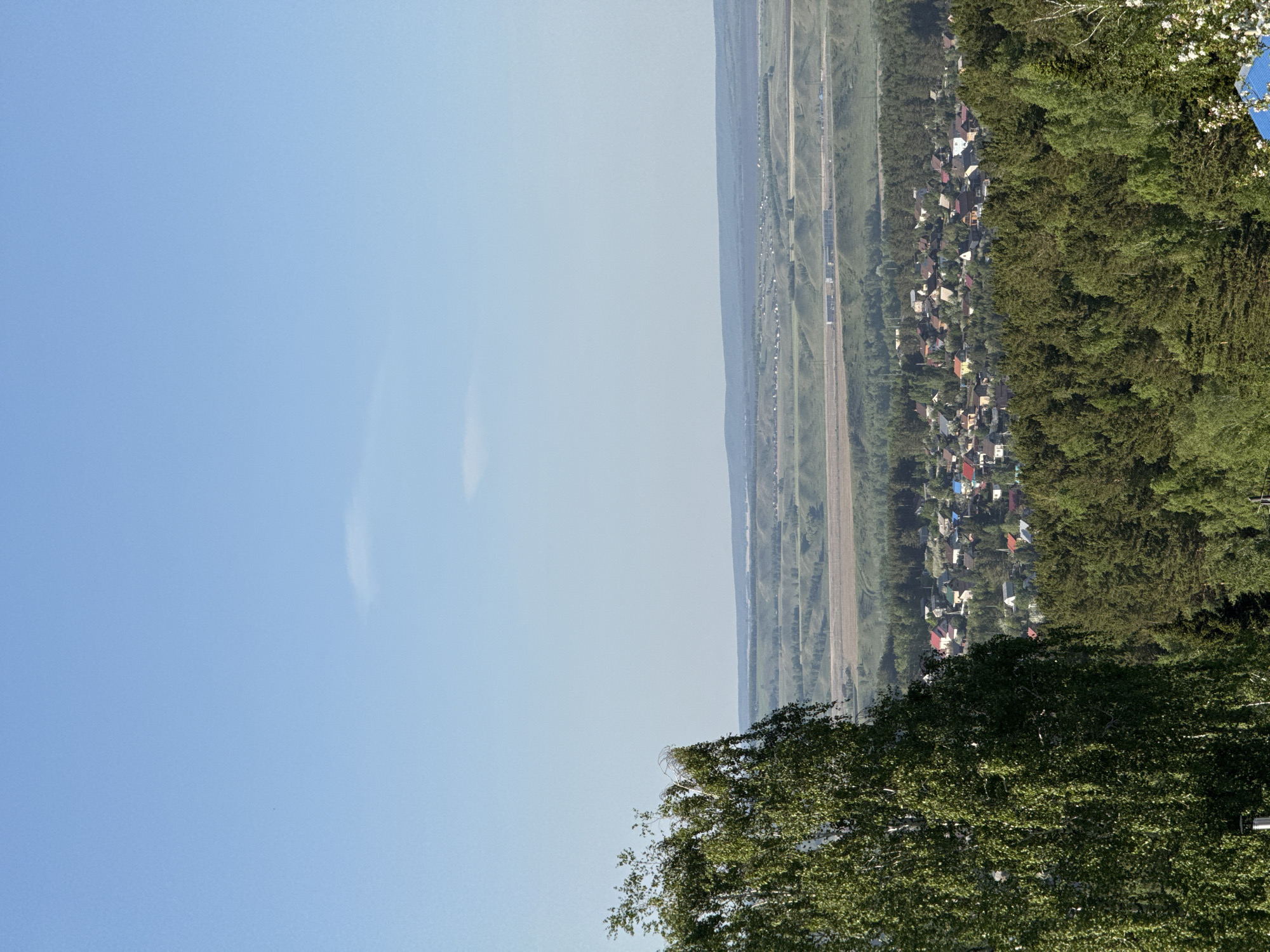 This media file captures a wide, panoramic landscape viewed from an elevated perspective. When correctly oriented, the scene reveals a clear, light blue sky dominating the upper portion.
In the foreground and mid-ground on the right side, a dense expanse of green deciduous trees is visible, with some white blossoms on the tree closest to the viewer's right. Nestled within or bordering this treeline is a village or small town, characterized by numerous houses featuring roofs of various colors, including red, blue, grey, and white.
Beyond the village and forest, the landscape stretches into an expansive plain. This area appears to be agricultural land or cultivated fields, marked by long, parallel strips of varying shades of green and light brown vegetation. Faint tracks or unpaved roads are discernible across these fields. In the far distance, a hazy line of hills or mountains forms the horizon.
The time of day is bright daylight, evidenced by the clear sky and strong illumination across the entire scene. The weather is sunny with minimal cloud cover. No people or visible text are present in the image, depicting a tranquil rural vista. The broad, cultivated landscape and village setting are consistent with a location like Minino Stantsiya, Russia.