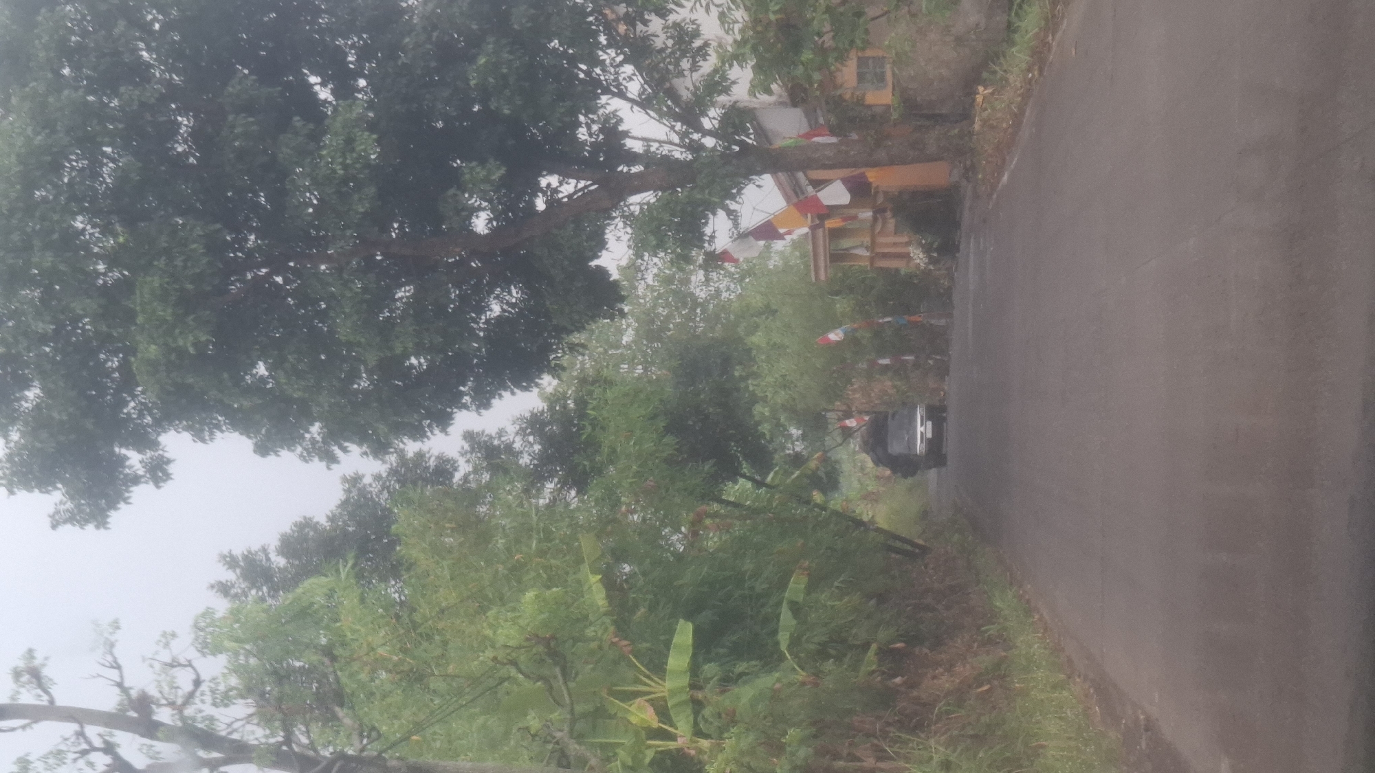 The image depicts a rural road in Cibinong Hilir, Indonesia, on a hazy or overcast day. The road is paved and appears wet, suggesting recent rain. Lush green vegetation, including trees and banana plants, lines both sides of the road. On the right side of the road, there is a building with an orange facade, adorned with several colorful Indonesian flags. A dark-colored utility vehicle, possibly a van or truck, is traveling away from the camera on the road, its bed loaded with dark material covered by a tarp. The overall atmosphere is serene and suggests a typical day in a semi-tropical, developing area.