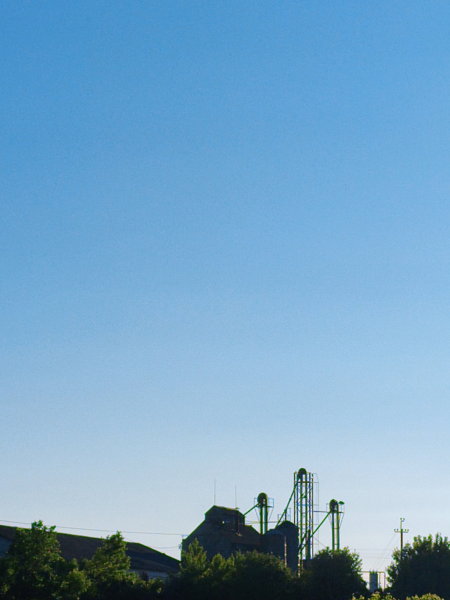 The image shows a daytime scene in Ustyvytsia, Ukraine. In the foreground, a row of trees partly obscures several structures. There appears to be a building with a sloping roofline and a grain elevator with green metal framework. A utility pole is visible on the right side of the frame. The background is a clear blue sky.