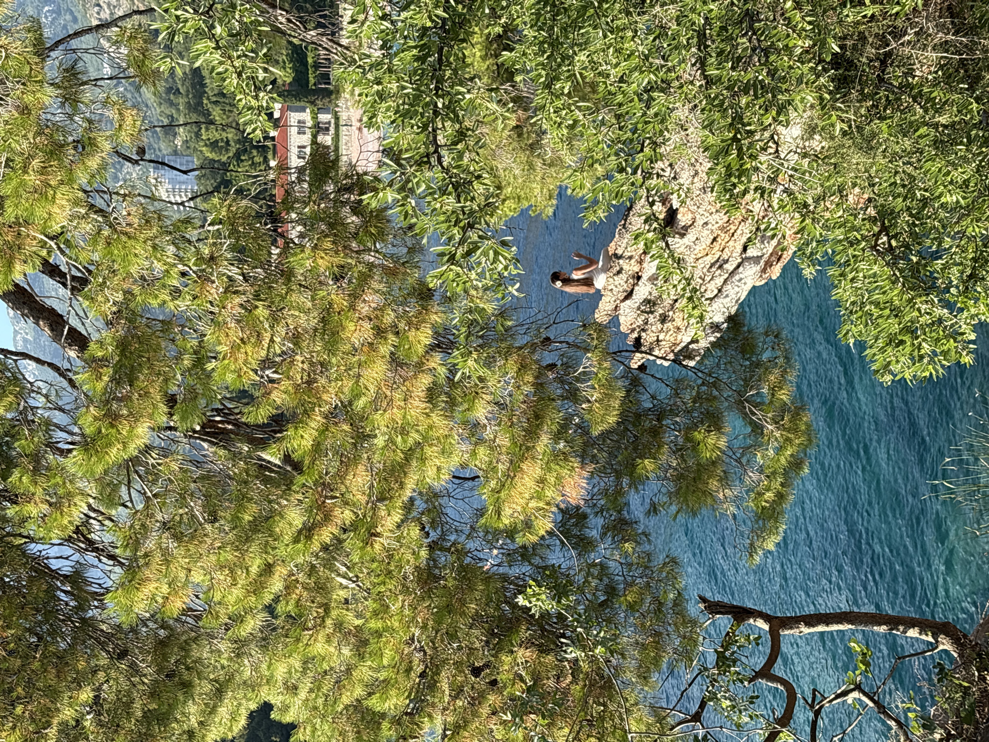 A person is sitting on a rocky outcrop overlooking a vibrant blue sea. The person, with long brown hair and wearing a light-colored outfit, appears relaxed, with one hand gesturing slightly. Lush green trees with pine needles frame the scene, casting dappled shadows on the rock and water. In the distance, across the water, a red-roofed building with multiple windows is visible on a hillside, nestled amongst greenery. The overall impression is one of tranquility and natural beauty. The image is shot from a high angle, looking down towards the sea and the person. The sunlight suggests it is daytime, and the clear water indicates pleasant weather. The presence of the distinctive building and the dramatic coastline strongly suggest the location is Sveti Stefan, Montenegro.