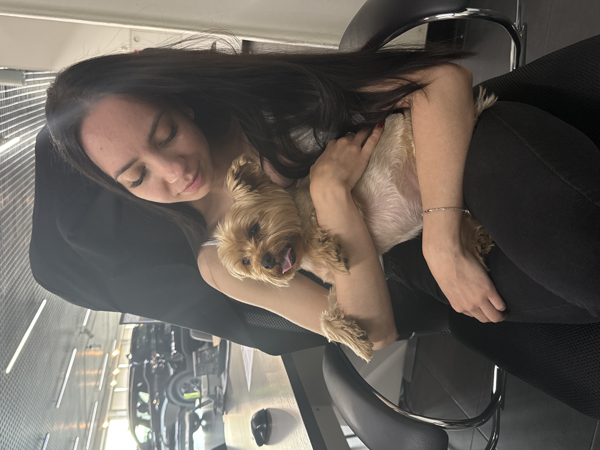 A young woman with long dark hair is holding a small, tan Yorkshire Terrier in her arms. She is seated in a black chair and wearing black pants and a white tank top. The dog is resting on her lap, with its tongue hanging out. The woman is looking down at the dog with a gentle expression, and her eyes are closed. Her left hand is resting on the dog's back, and her right arm is supporting it. A thin silver bracelet is visible on her right wrist. The background is blurred, but appears to be an indoor setting with modern lighting. In the distance, a black car is visible. The scene suggests a moment of quiet affection and comfort between the woman and her pet. The image appears to have been taken indoors, possibly in a home or a salon, given the lighting and furniture. The overall mood is peaceful and loving.