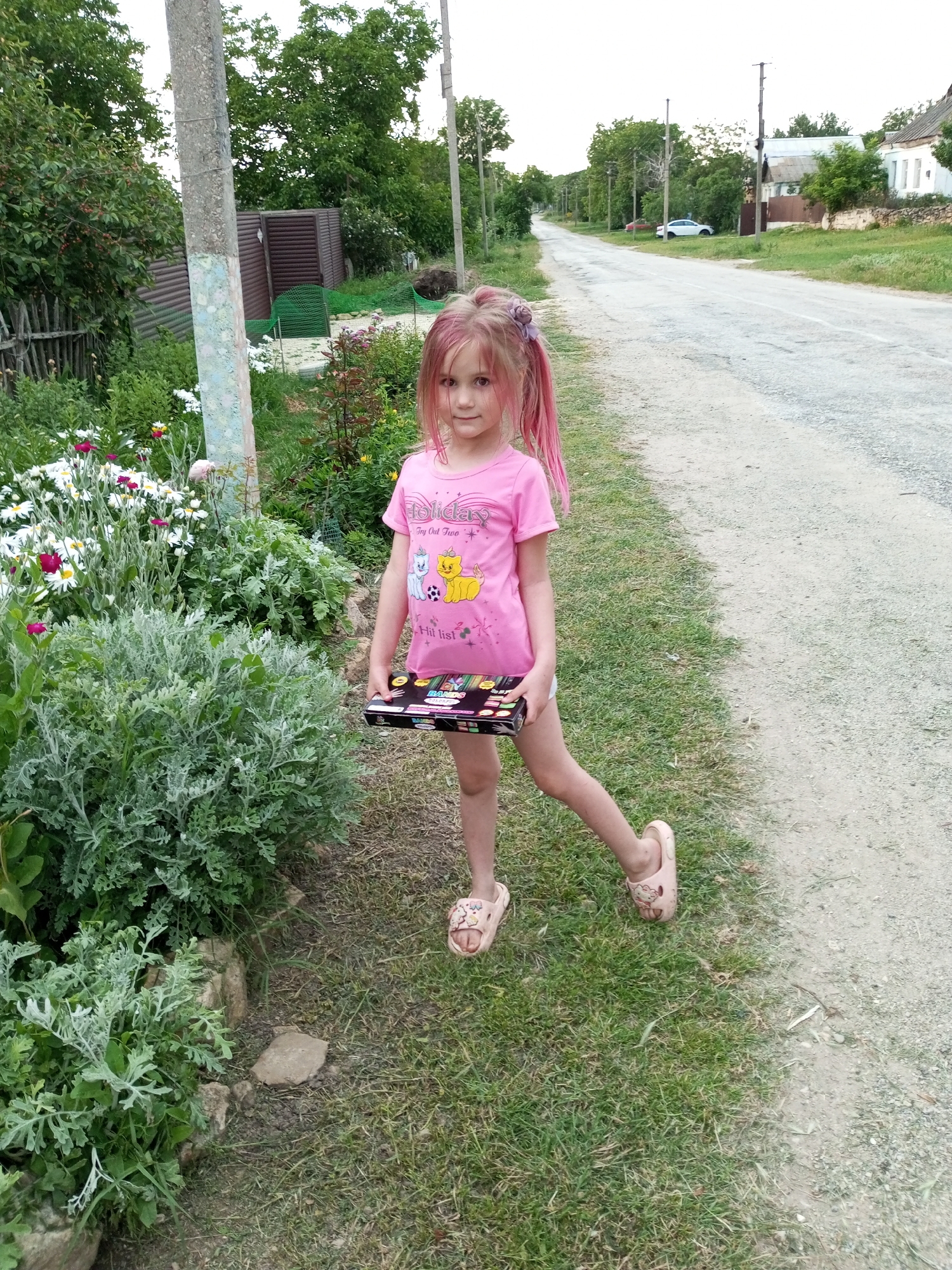 A young girl with pink and blonde hair, wearing a pink t-shirt and pink sandals, stands on a gravel path next to a grassy area. She is holding a black box with colorful markings in her hands. In the background, there is a road with a few cars, houses, and trees. The scene appears to be in a rural or suburban area, possibly in Ароматновское сельское поселение, Ukraine, given the architectural style of the houses and the presence of a utility pole. The girl is looking towards the camera, and her stance suggests she might be posing for a photograph. The lighting indicates it is daytime, likely late afternoon or early evening.