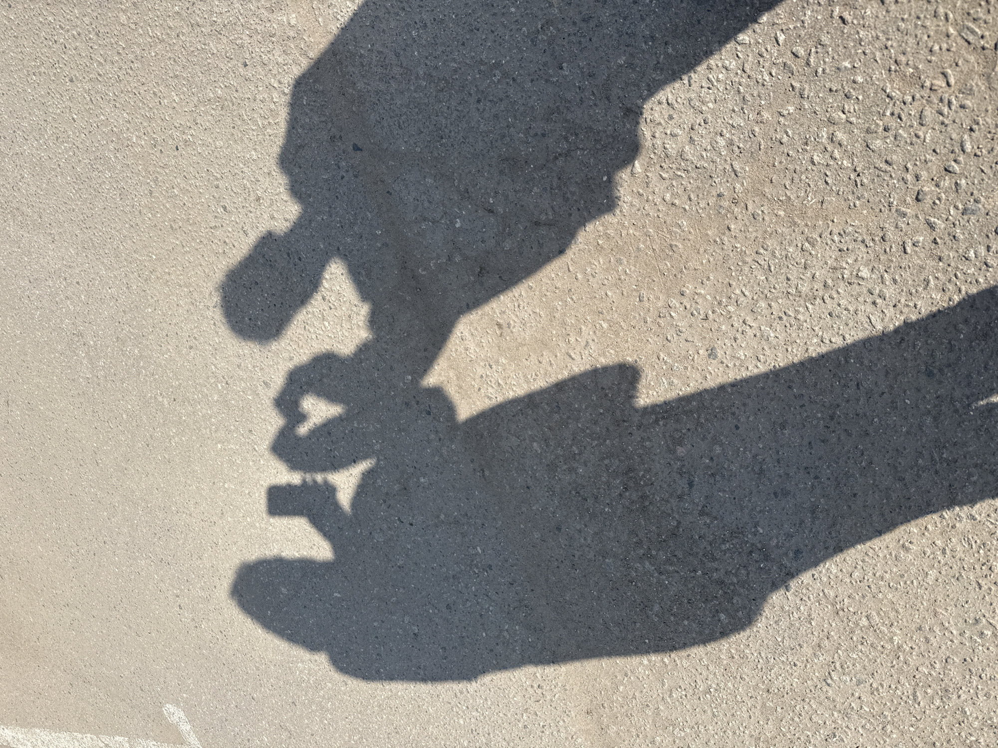 The image shows the shadow of a person holding a smartphone. The surface is asphalt or concrete. There is no other information to identify location or time.