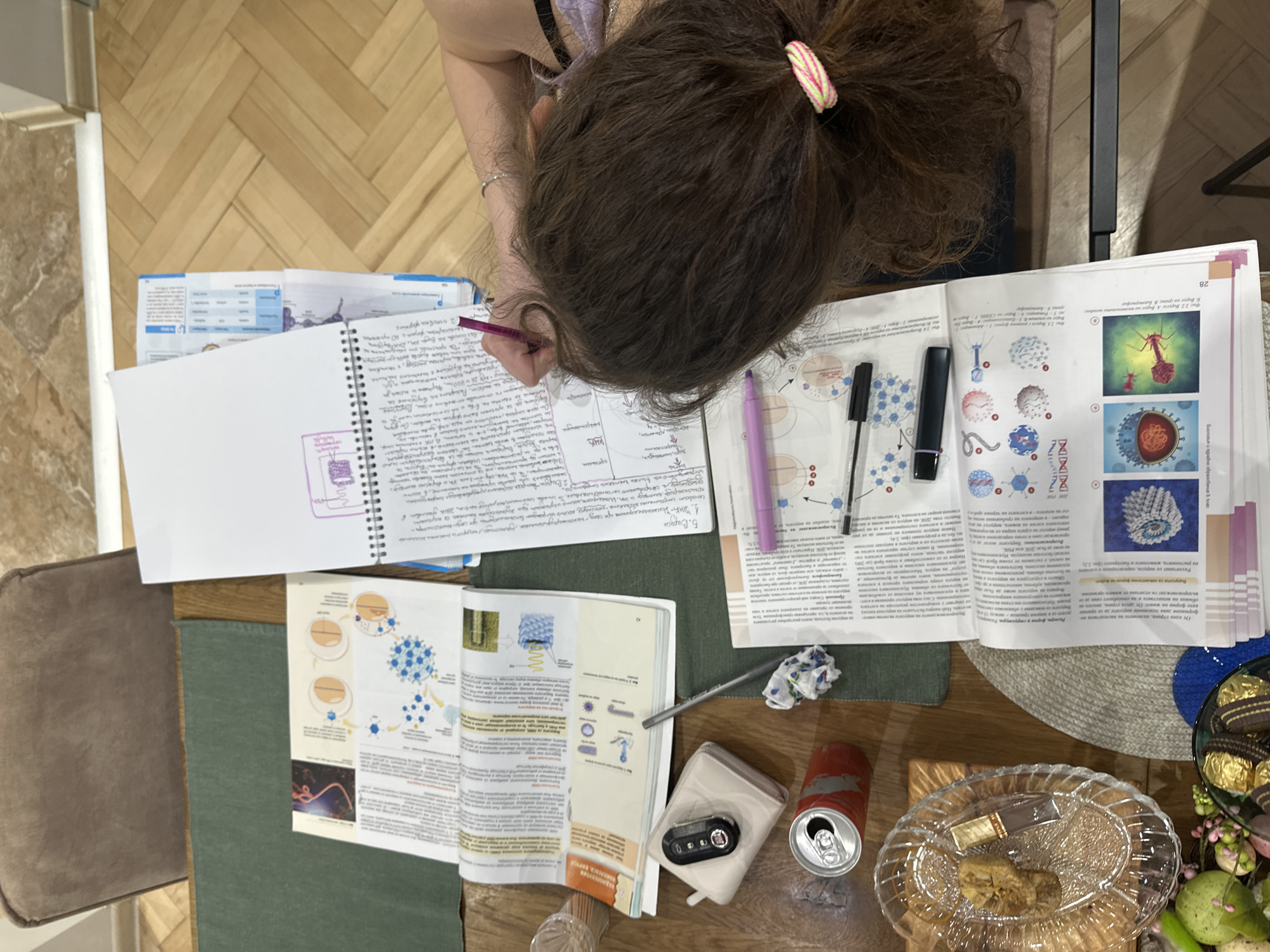 An overhead shot depicts a person with brown hair pulled back in a ponytail, studying a variety of biology textbooks and a notebook. The person is writing in the notebook with a purple pen. Highlighters and other writing utensils are scattered on the table amongst the books. There is an open can of soda, a case, and a dessert plate with pastries. The scene is most likely indoors, and the location is Stara Zagora, Bulgaria, due to the textbooks being written in Bulgarian.