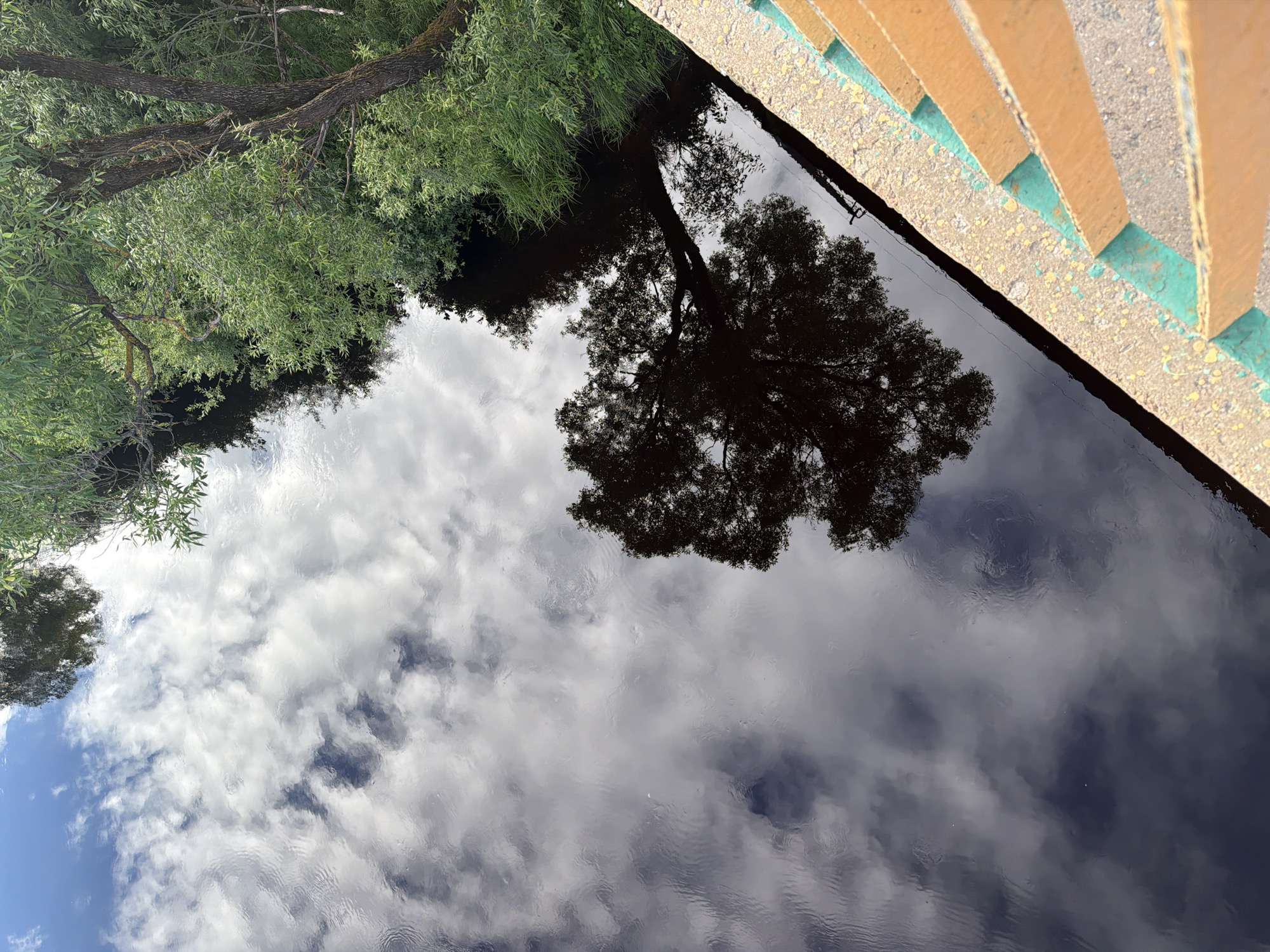 The image depicts a reflective body of water, likely a river or canal, viewed from above. A portion of a bridge railing, painted orange with a turquoise accent and textured concrete, is visible in the upper right corner. The water's surface mirrors the surrounding environment, showing a dark silhouette of a large tree with intricate branches against a backdrop of white, fluffy clouds and patches of blue sky. Lush green foliage from trees overhangs the water on the left side, casting a darker reflection. The water itself appears dark and still, with subtle ripples disturbing the perfect reflection of the sky. The scene suggests an outdoor setting on a clear day, possibly during daylight hours. No people are visible in the frame. The overall impression is one of natural beauty enhanced by the reflective quality of the water and the architectural element of the bridge. The image is oriented vertically, with the bridge railing at the top and the water filling the majority of the frame.