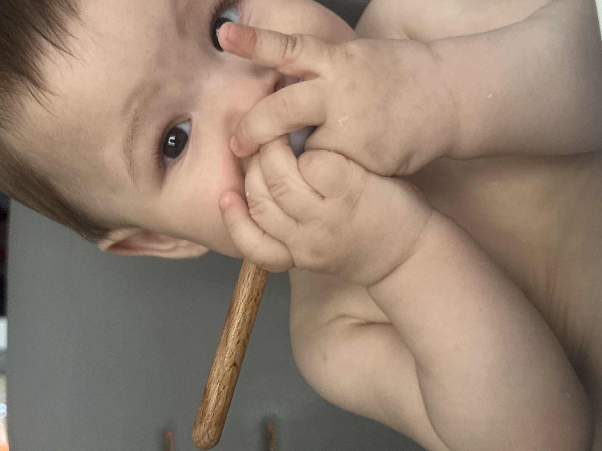 A close-up shot shows a baby's face and hands as they hold a wooden object to their mouth. The baby has light brown hair and a neutral expression. The background is a plain gray surface. The image is well-lit, with soft shadows.