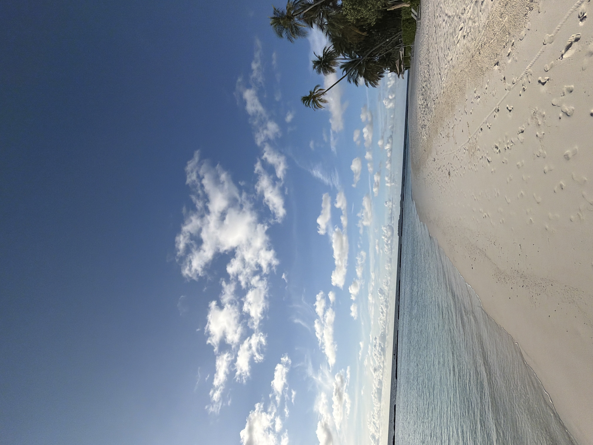 The image depicts a serene beach scene in Halaveli, Maldives. The foreground is dominated by a wide expanse of pristine white sand, marked with numerous footprints, suggesting recent activity. The gentle tide laps at the shore, with the clear, turquoise water of the ocean stretching towards the horizon. In the distance, a faint, dark line of what appears to be a breakwater or submerged reef is visible. The sky above is a vibrant blue, dotted with scattered white cumulus clouds, some of which are wispy and elongated, indicating wind at higher altitudes. To the right side of the image, a cluster of tall palm trees sways, their fronds casting shadows on the sand. In the background, a few beach umbrellas and lounge chairs are partially visible, hinting at resort amenities. The overall atmosphere is tranquil and picturesque, characteristic of a tropical paradise.