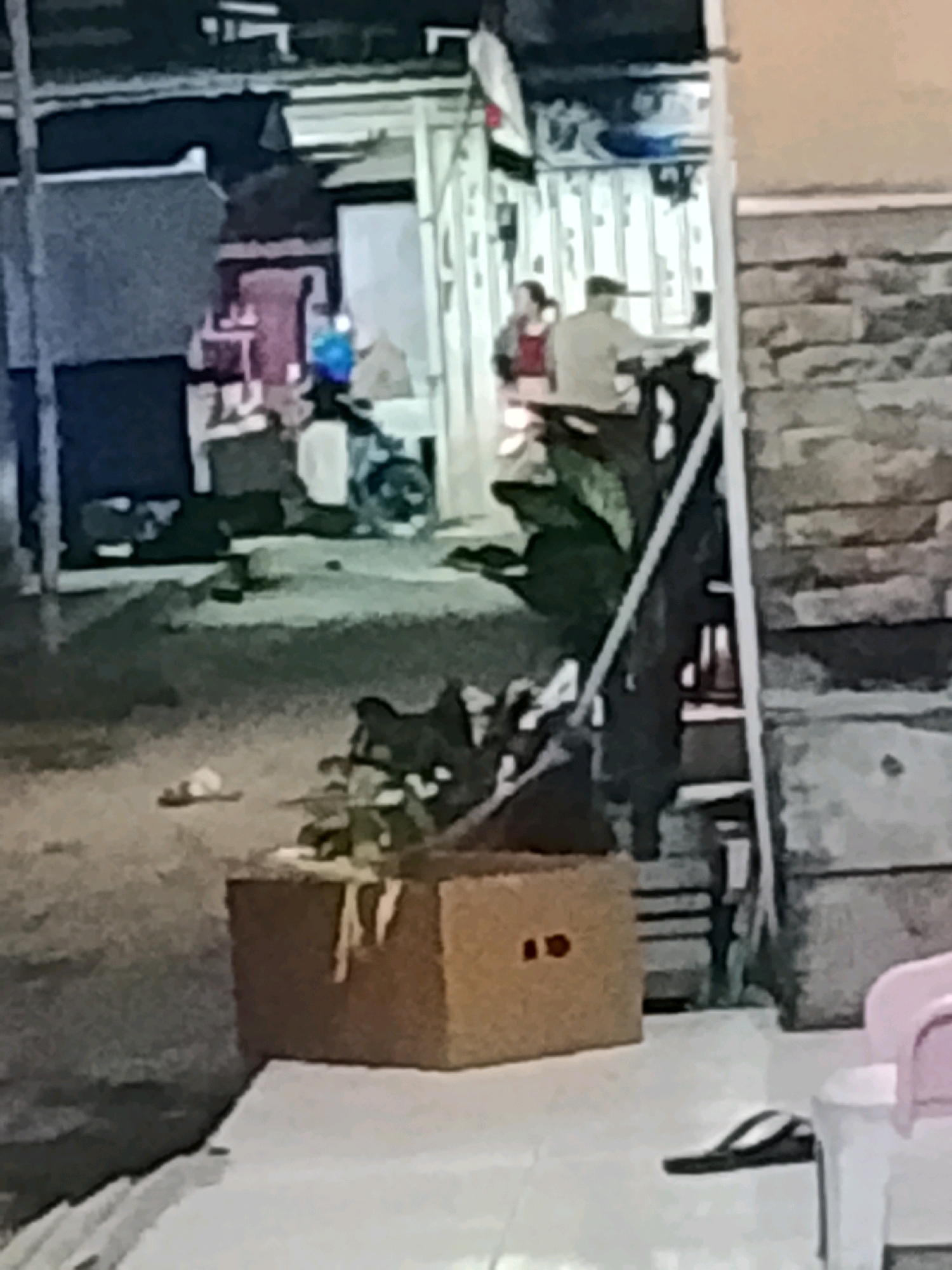 In Ujungrusi, Indonesia, an outdoor scene depicts an alleyway at night. In the foreground, a cardboard box sits on a light-colored tiled surface. To the right of the box, a pink child's chair is partially visible. A black sandal lies on the tiled ground in front of the chair. Further back, a cluster of green plants is visible. Behind the plants and box, a narrow pathway leads towards buildings. In the middle ground, several individuals are present. Two individuals, one in a red shirt and the other in a light-colored long-sleeved shirt and a cap, are standing near a doorway. To their left, another individual is seated. In the background, a blue object, possibly a helmet, is visible, and a motorcycle is parked. The overall lighting is dim, suggesting the image was taken at night.