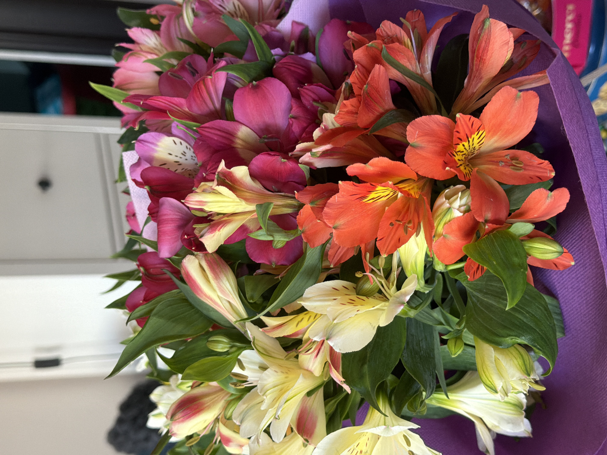 The image depicts a bouquet of Alstroemeria flowers. The flowers are in various colors including pink, orange, and yellow. The bouquet is wrapped in purple fabric. The location is indistinct, but based on the presence of the bouquet, the image may have been taken indoors, in Unknown. The scene appears to be lit by natural light.