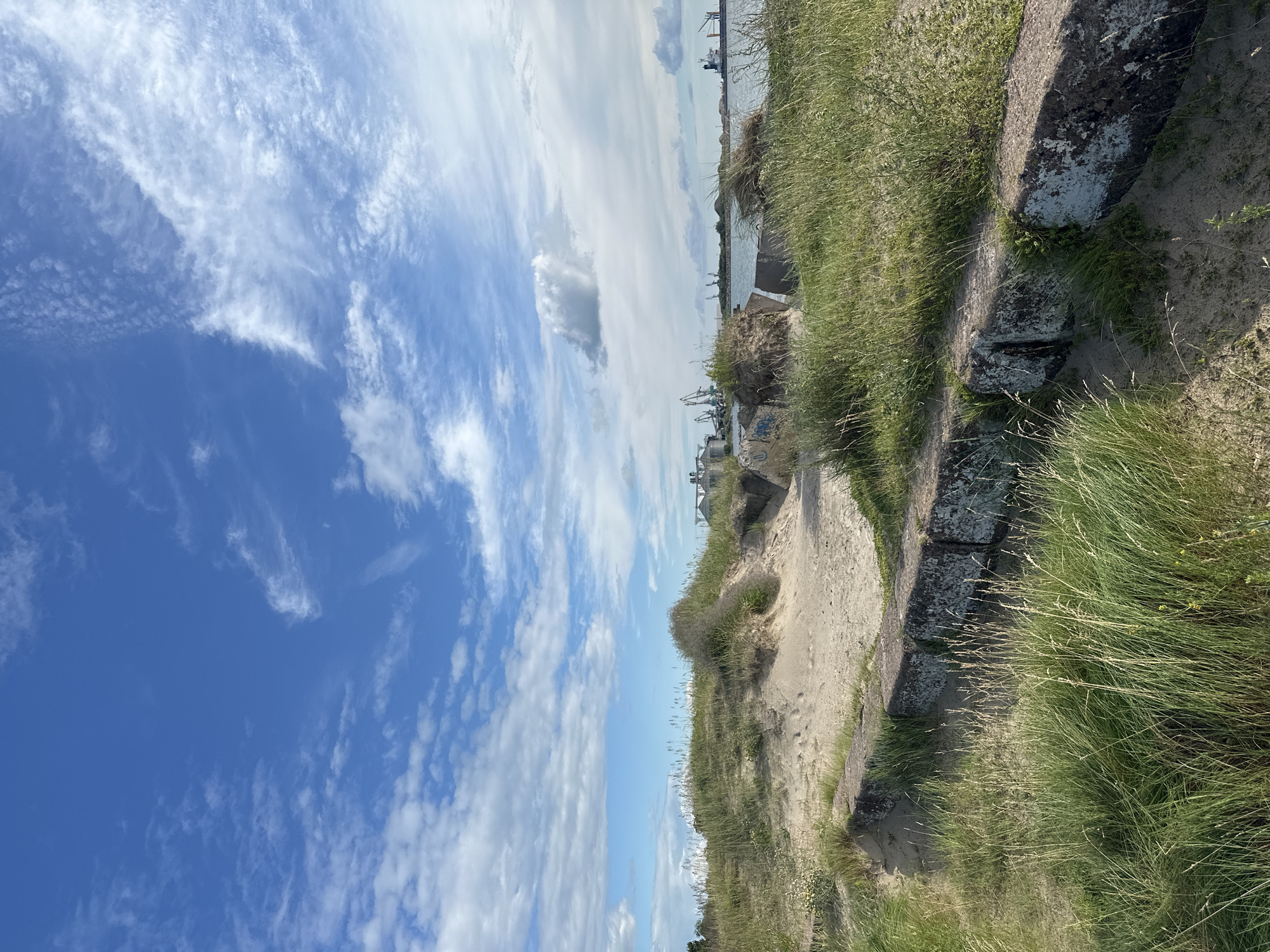 The image shows a scenic view of a coastal area in Liepāja, Latvia, likely near the port. In the foreground, a weathered concrete barrier made of large, rectangular blocks runs horizontally across the frame, partially covered by lush green grass and sand. Beyond the barrier, sandy dunes rise gently, interspersed with tufts of dry grass and low-lying vegetation. The path leads toward the sea, where a body of water is visible. In the distance, the skyline is dominated by industrial elements of the Liepāja port, including grain silos, cranes, and cargo ships. The sky is a vibrant blue, dotted with scattered white clouds, creating a bright and airy atmosphere. The overall scene depicts a natural coastal landscape merging with the industrial activity of the port.