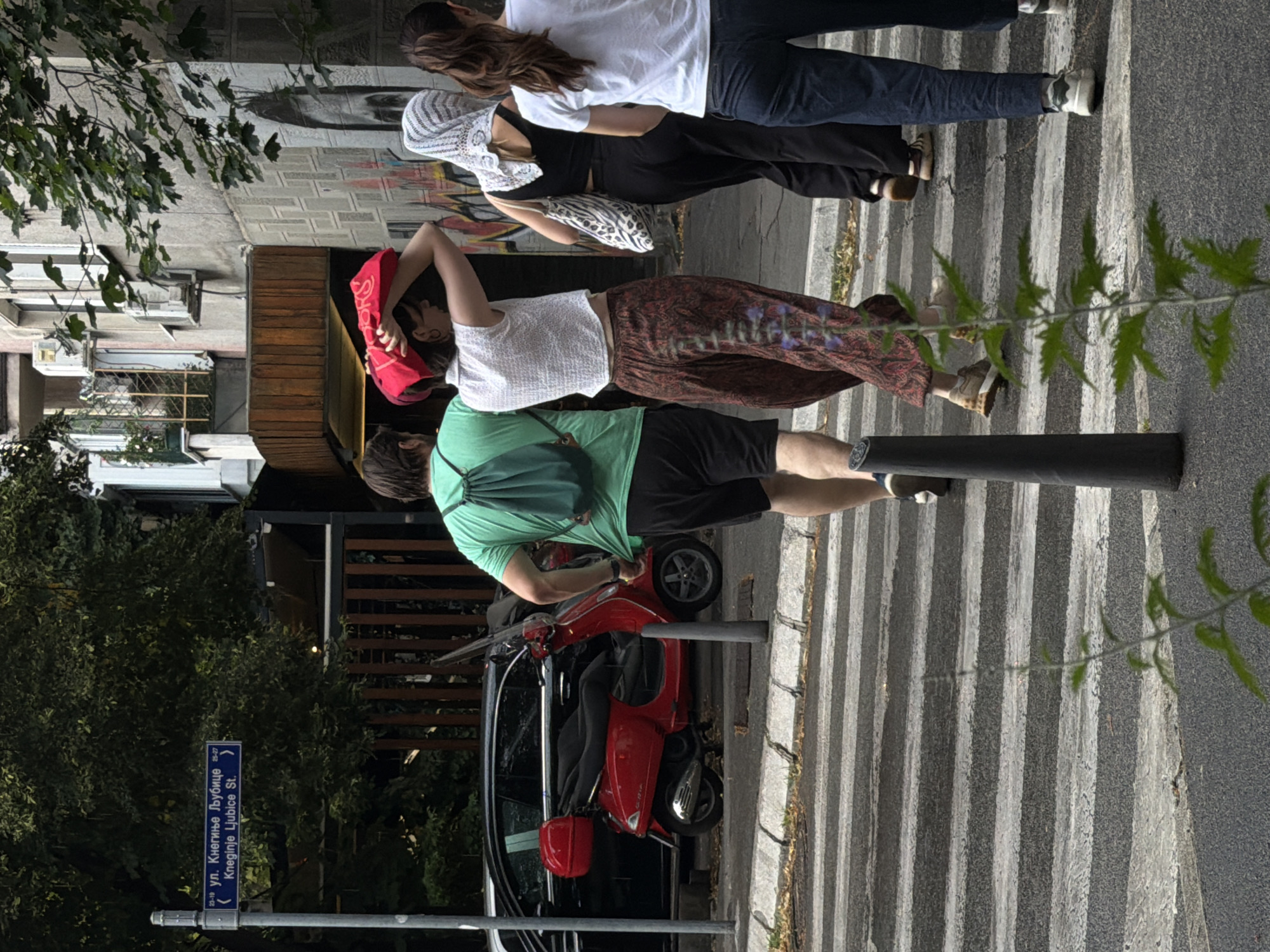 In Belgrade, Serbia, on Kneginje Ljubice Street, a group of four people are crossing a zebra-lined street. The person furthest to the left is a man wearing a green t-shirt and black shorts, carrying a green backpack. Next to him is a woman in a white, short-sleeved top and patterned, loose-fitting pants, holding a bright red cloth over her head. To her right, a woman in a black tank top and black pants walks with a patterned bag over her shoulder. The fourth person, on the far right, is a woman wearing a white t-shirt and blue jeans.
The street is paved with asphalt, and the pedestrian crossing has alternating white and grey stripes. In the background, a red scooter is parked behind a black car. A street sign for "ул. Кнегиње Љубице / Kneginje Ljubice St." is visible on the left side of the image. The buildings in the background are multi-story structures with windows and air conditioning units. Lush green foliage from trees drapes over parts of the scene. A thin, dark grey pole stands prominently in the foreground, slightly to the right of the center, obscuring a portion of the pedestrian crossing. Some green plants are growing in the lower foreground.