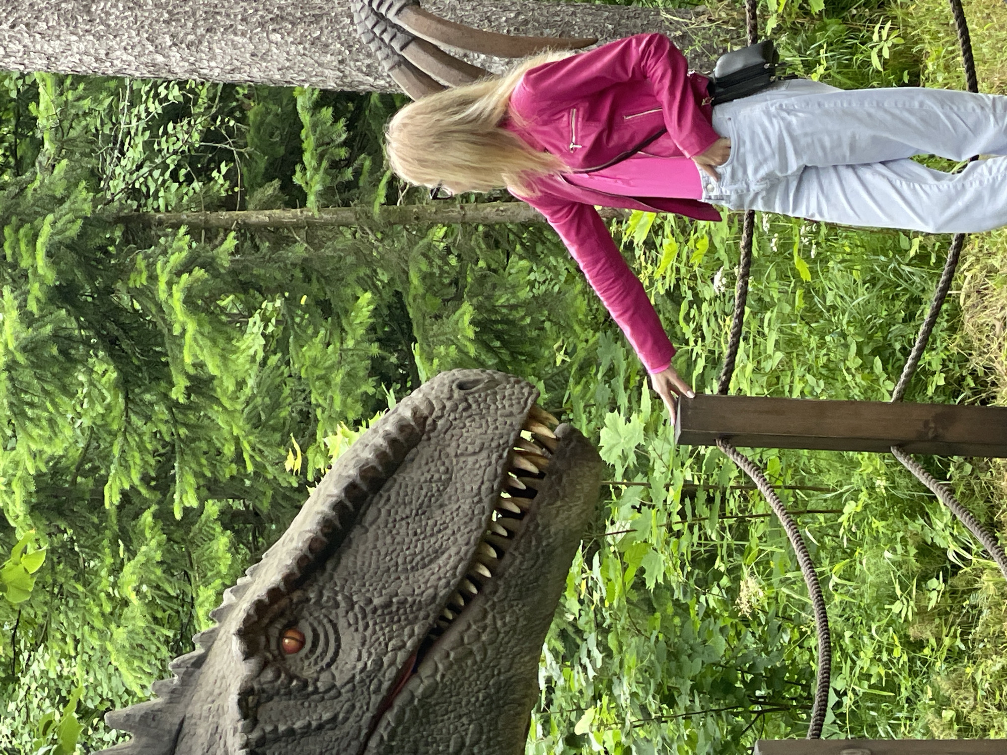 In an outdoor setting with lush green foliage and trees, a person with blonde hair, wearing a pink jacket, pink shirt, and light blue jeans, stands near a large, realistic dinosaur model. The dinosaur model, positioned on the left side of the frame, has a prominent head with an open mouth revealing sharp teeth and an orange eye. The person is facing the dinosaur and has their right hand resting on a wooden post with a rope railing. The background consists of dense greenery, suggesting a park or a natural reserve. The context of this image is related to the "Udmurtia Cretaceous Park" located in Izhevsk, Russia.