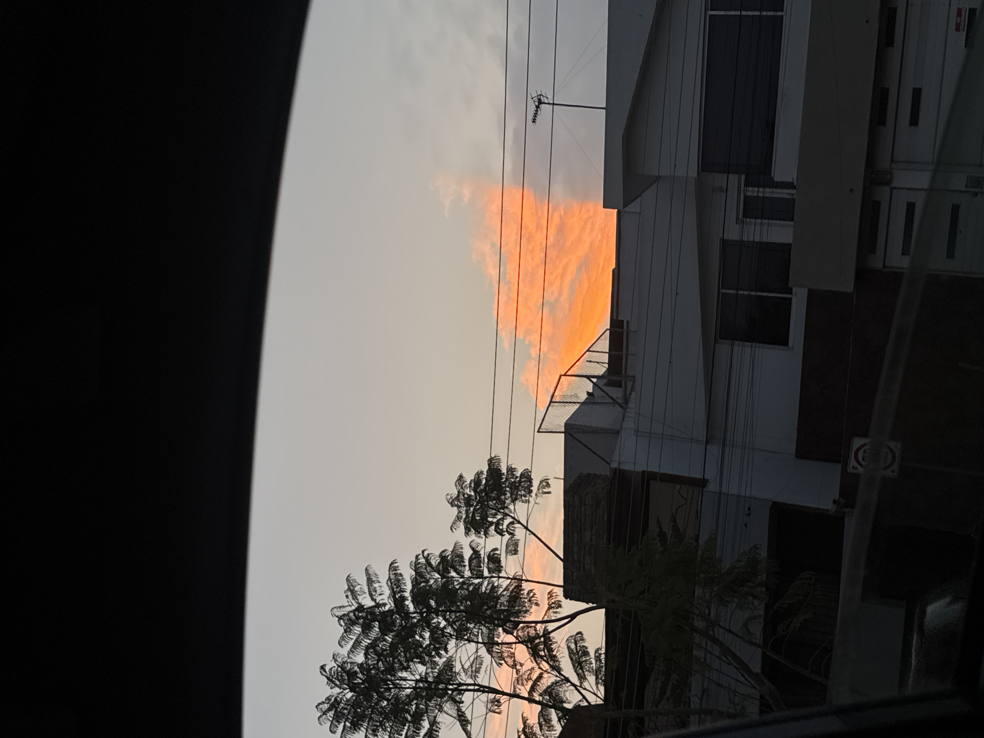 The image, taken from inside a vehicle, shows a sunset in Puebla, Mexico. A bright orange cloud is visible between buildings and power lines. The architecture appears to be modern, with white, multi-story buildings. Trees are silhouetted against the sunset sky in the foreground.