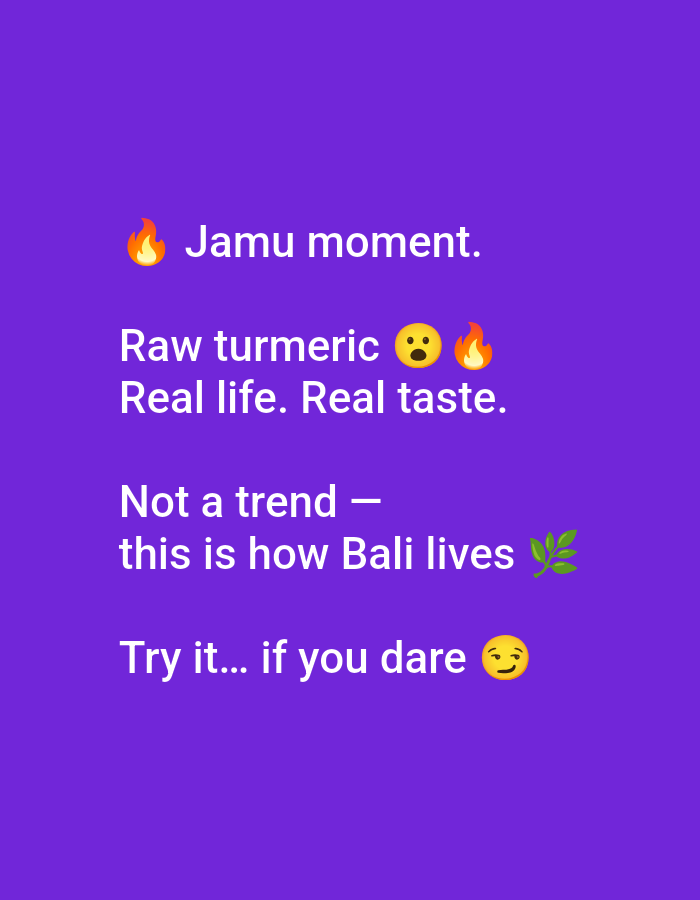 The image displays a digital graphic featuring white text and various emojis on a solid purple background. There are no people or specific objects in a scene, just the textual content.
The text presents a message related to "Jamu," a traditional Indonesian herbal drink. It reads:
"๐ฅ Jamu moment."
"Raw turmeric ๐ฎโ๐จ ๐ฅ"
"Real life. Real taste."
"Not a trend โ this is how Bali lives ๐ฟ"
"Try it... if you dare ๐"
The emojis include a fire emoji (๐ฅ) to start the message and accompany "Raw turmeric," which is also paired with a face exhaling emoji (๐ฎโ๐จ), possibly indicating a strong or intense flavor. A leaf emoji (๐ฟ) is used next to "Bali lives," symbolizing nature or cultural tradition. The final line includes a smirking face emoji (๐), conveying a sense of playful challenge or a hint at the unique and potentially bold taste of Jamu.
The overall tone is descriptive and invitational, emphasizing the authenticity and cultural significance of Jamu in Bali, which is located in Denpasar, Indonesia. The phrase "Real life. Real taste." and "Not a trend โ this is how Bali lives" suggest that Jamu is a deep-rooted part of the local lifestyle rather than a passing fad.