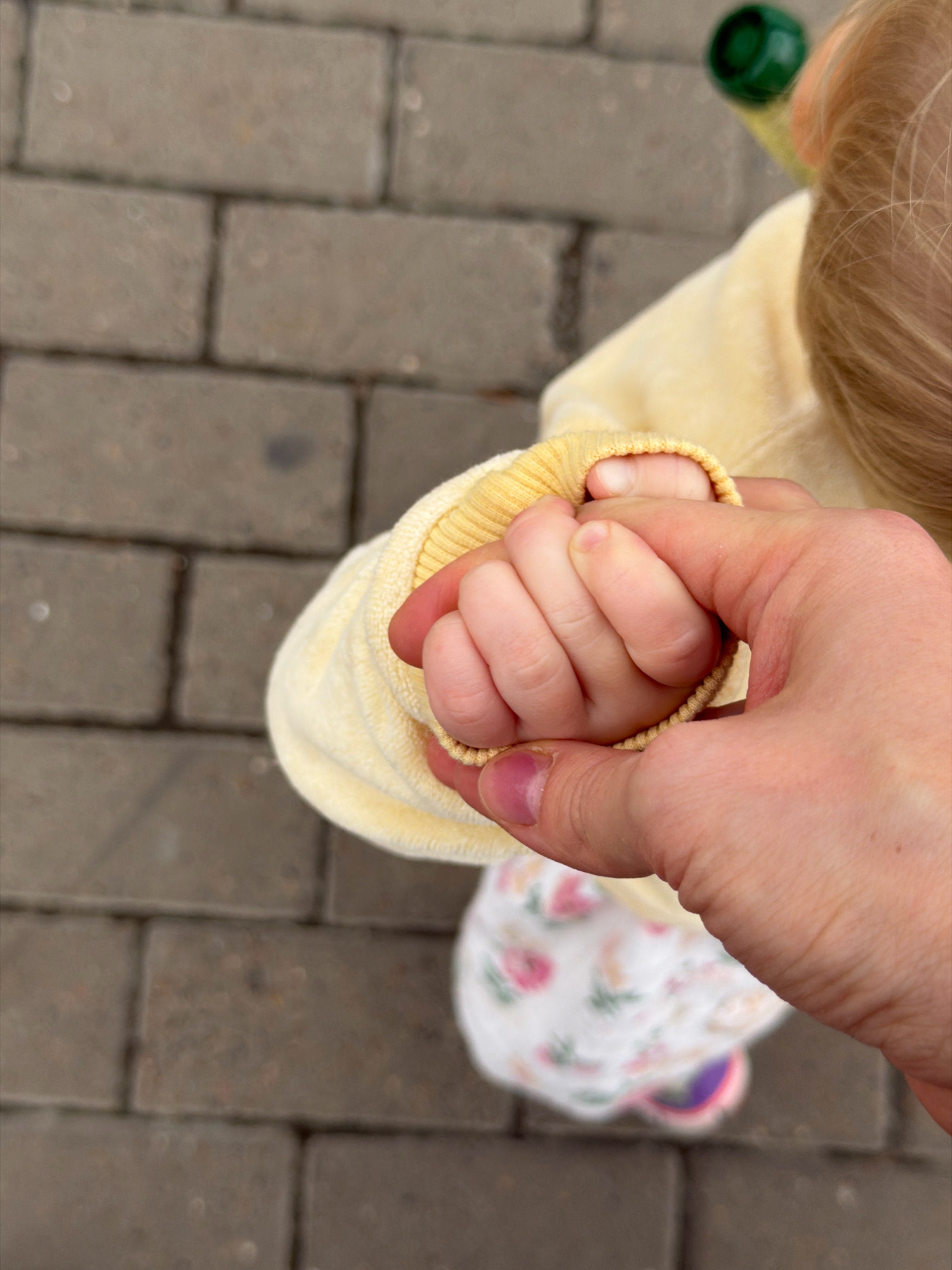 A close-up, overhead shot captures an adult's hand holding a baby's clenched fist. The baby's hand is small and delicate, with fingers curled inwards, emerging from the sleeve of a yellow garment. The adult's hand, larger and more prominent, gently clasped the baby's fist, with the thumb positioned over the baby's knuckles. Both hands are illuminated, suggesting the presence of natural light. The background consists of a paving stone surface, forming a grid pattern of rectangular stones. To the upper right, a blurred green object, possibly a toy or a bottle, is partially visible. In the lower portion of the image, a baby's leg, clad in a white garment with a floral pattern of pink and green, is also visible. The image appears to have been taken outdoors, on a paved walkway, possibly in a park or residential area. The scene conveys a sense of tenderness and connection between the adult and the child. The location of Chaikovsky, Russia, is not discernible from the image itself.