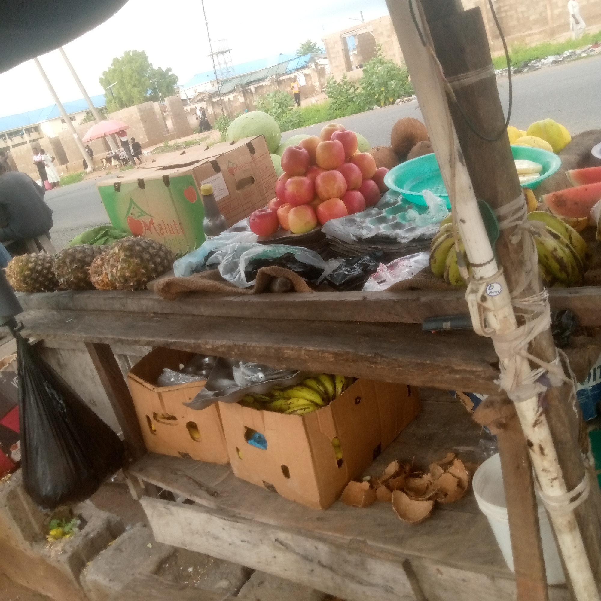 The image captures an outdoor fruit stall positioned alongside an asphalt road in an urban or semi-urban setting within Unknown, Unknown. The stall is constructed from two tiers of rustic wooden planks supported by wooden posts.
On the upper tier of the stall, from left to right, are three pineapples, a brown cardboard box displaying "Malut Apples" branding, a prominent pyramid-shaped stack of red and yellow apples, and several coconuts. To the right, a light blue plastic bowl contains sliced, pale-colored fruit, adjacent to sections of watermelon and whole yellow gourd-like fruits.
Below the upper tier, two brown cardboard boxes are visible, with one containing a quantity of bananas. Scattered coconut husks are present on the ground beneath the stall. A black plastic bag is observed on the far left. A white PVC pipe, marked with the label "DUITON," is secured with tape to a wooden support post on the right side of the stall, next to a white plastic bucket on the ground.
In the midground, an asphalt road runs parallel to the stall. Several individuals are present on or near the road, including one person standing under a small red umbrella. Buildings constructed from concrete blocks, some appearing unfinished, are visible in the background, along with structures featuring blue roofs and a distant water tower. Scattered green trees and bushes are present, and roadside debris is observable. A person wearing dark clothing is partially visible on the far left of the foreground.