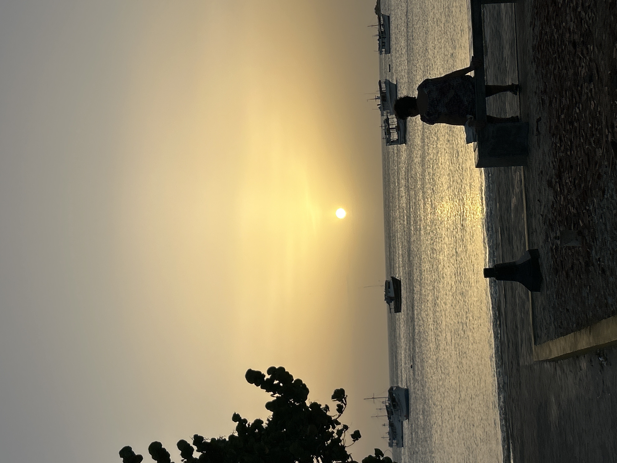 Captured from an elevated position in Juan Griego, Venezuela, a person stands near a railing overlooking the sea. The sun is setting over the water, creating a bright spot in the center of the image, surrounded by a yellow haze. Several boats are visible on the water. A tree and a concrete wall are in the foreground.