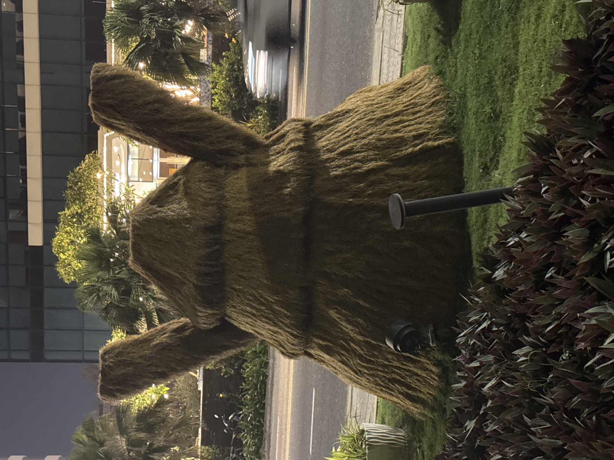The image shows a large, brown, topiary rabbit sculpture next to a city street at night. The sculpture is made of a coarse material resembling tightly packed straw or rough fiber. Its long ears extend upward, suggesting a rabbit in a sitting or upright position.
The sculpture sits on a patch of green grass and is partially surrounded by plants with dark purplish leaves. Adjacent to the grassy area is a paved road with yellow dividing lines. A building with reflective glass windows is visible in the background. Palm trees are also present. The overall scene appears to be a public space or landscaped area within a city. Considering the street and building architecture, and that you've asked specifically about Đà Nẵng, Vietnam, it's likely this is located somewhere in that city.